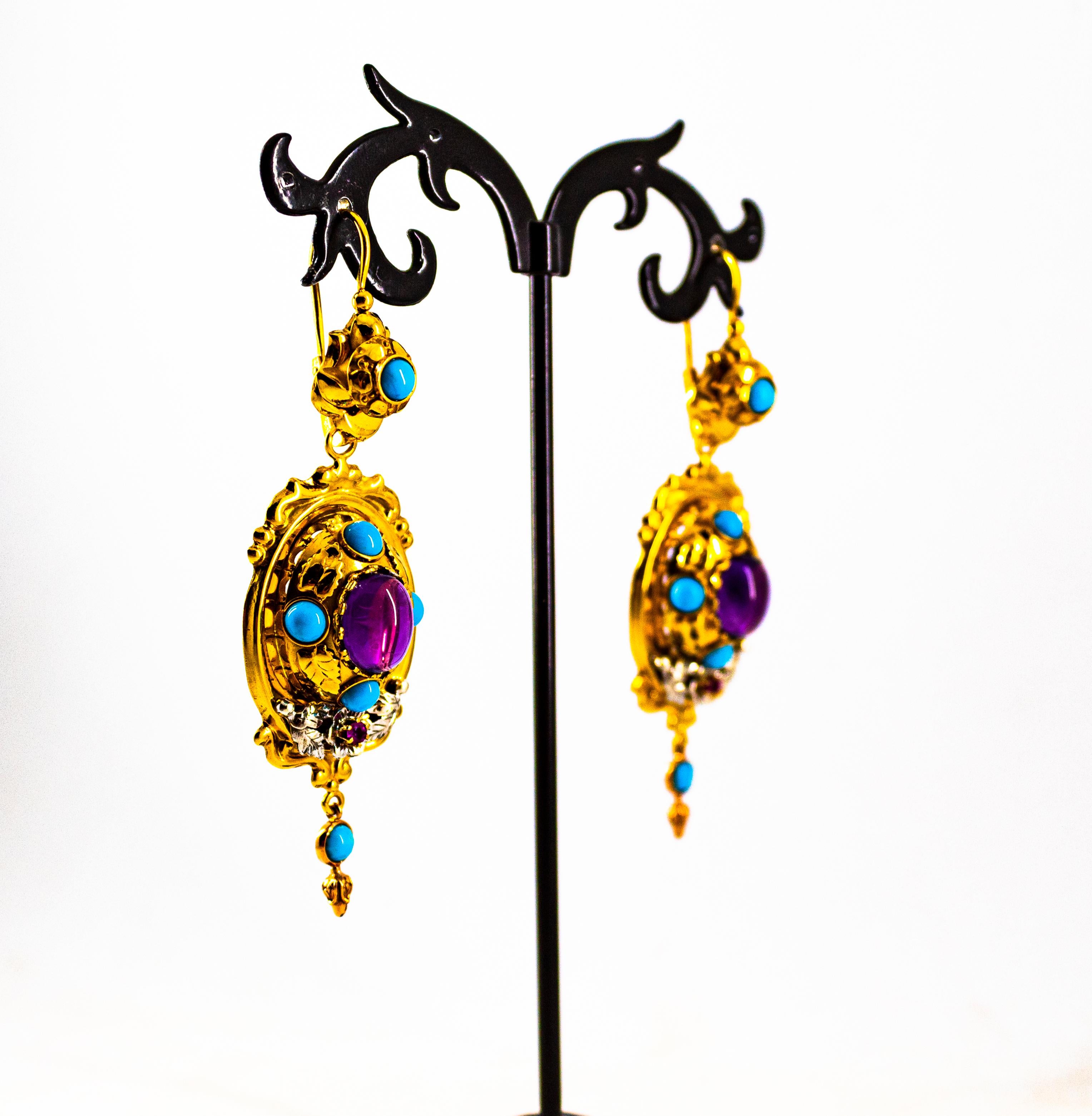 Art Deco Style 5.60 Carat Ruby Amethyst Turquoise Yellow Gold Drop Stud Earrings 2