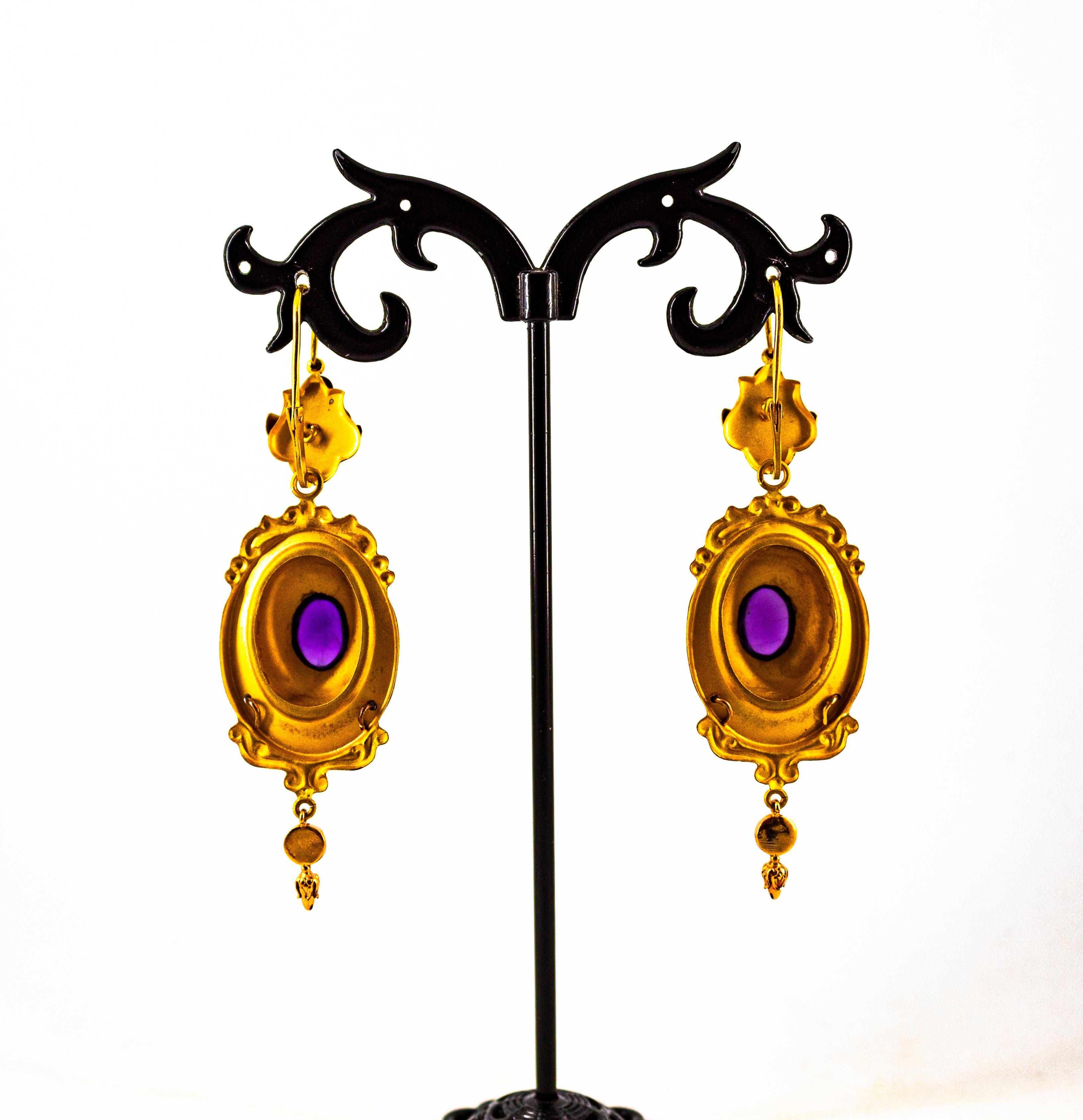 Art Deco Style 5.60 Carat Ruby Amethyst Turquoise Yellow Gold Drop Stud Earrings For Sale 3