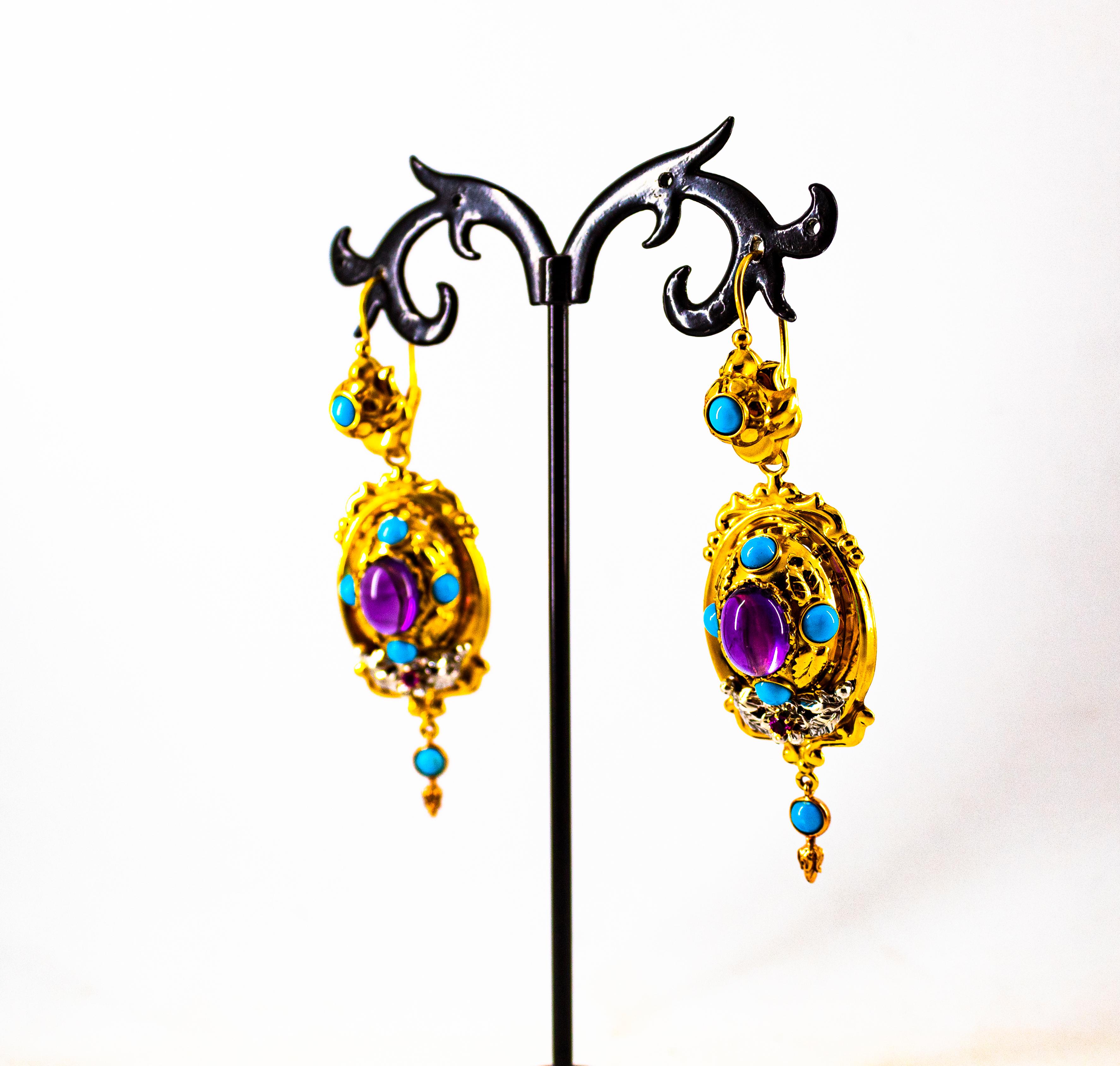 Art Deco Style 5.60 Carat Ruby Amethyst Turquoise Yellow Gold Drop Stud Earrings 4