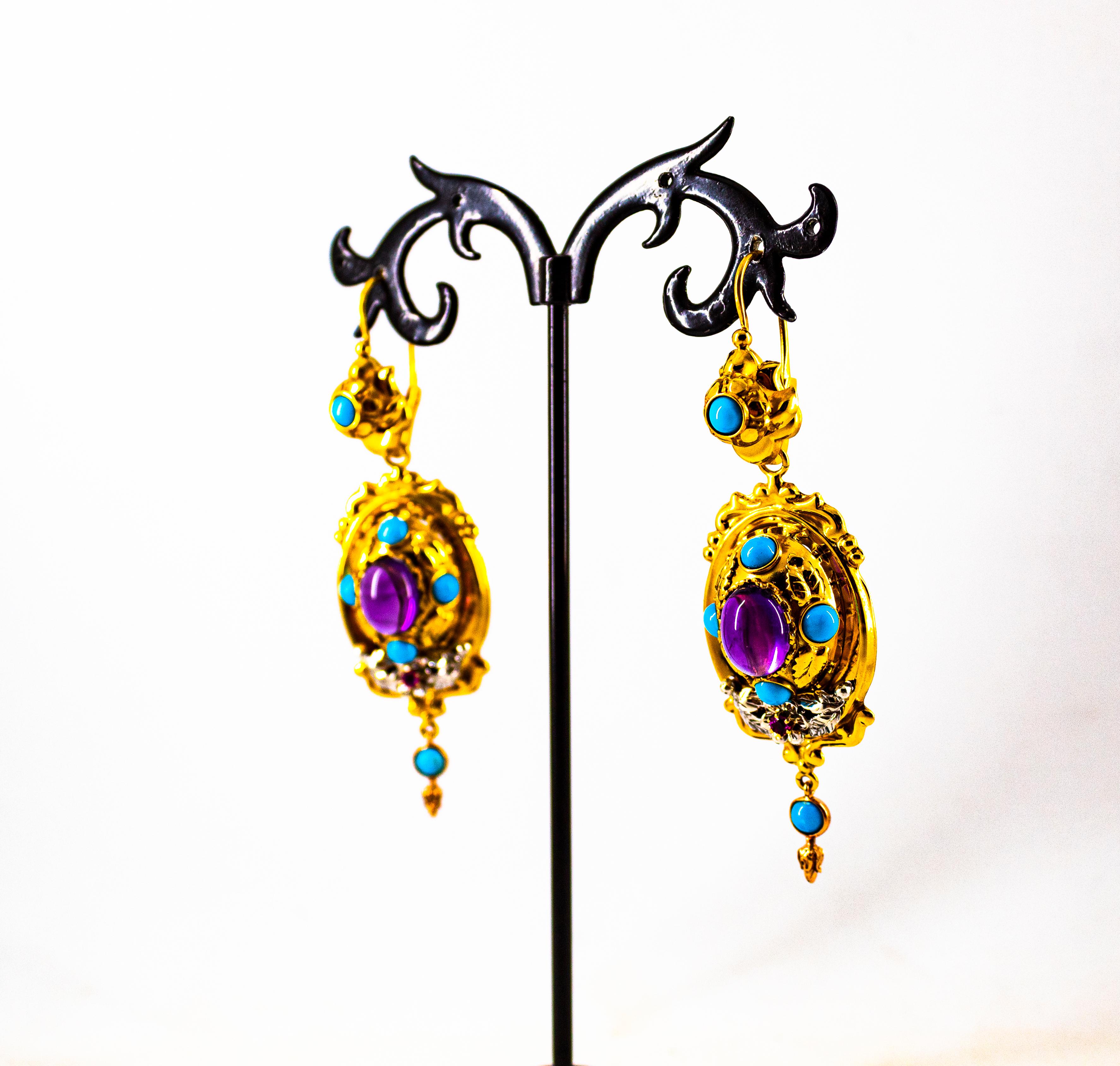 Art Deco Style 5.60 Carat Ruby Amethyst Turquoise Yellow Gold Drop Stud Earrings For Sale 4