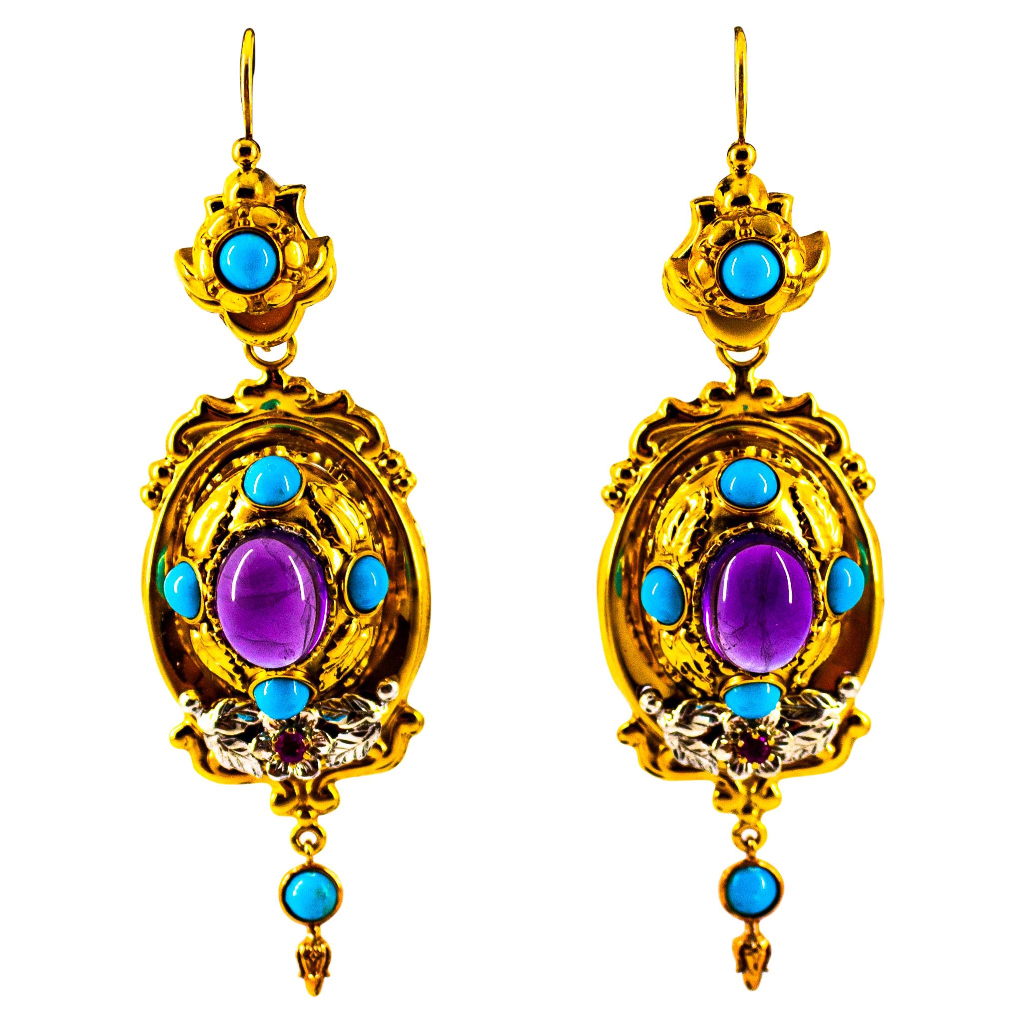 Art Deco Style 5.60 Carat Ruby Amethyst Turquoise Yellow Gold Drop Stud Earrings For Sale