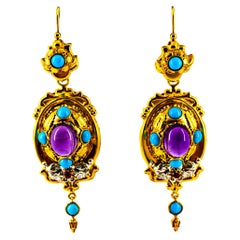 Clous d'oreilles en or jaune de style Art déco avec rubis, améthyste et turquoise de 5,60 carats