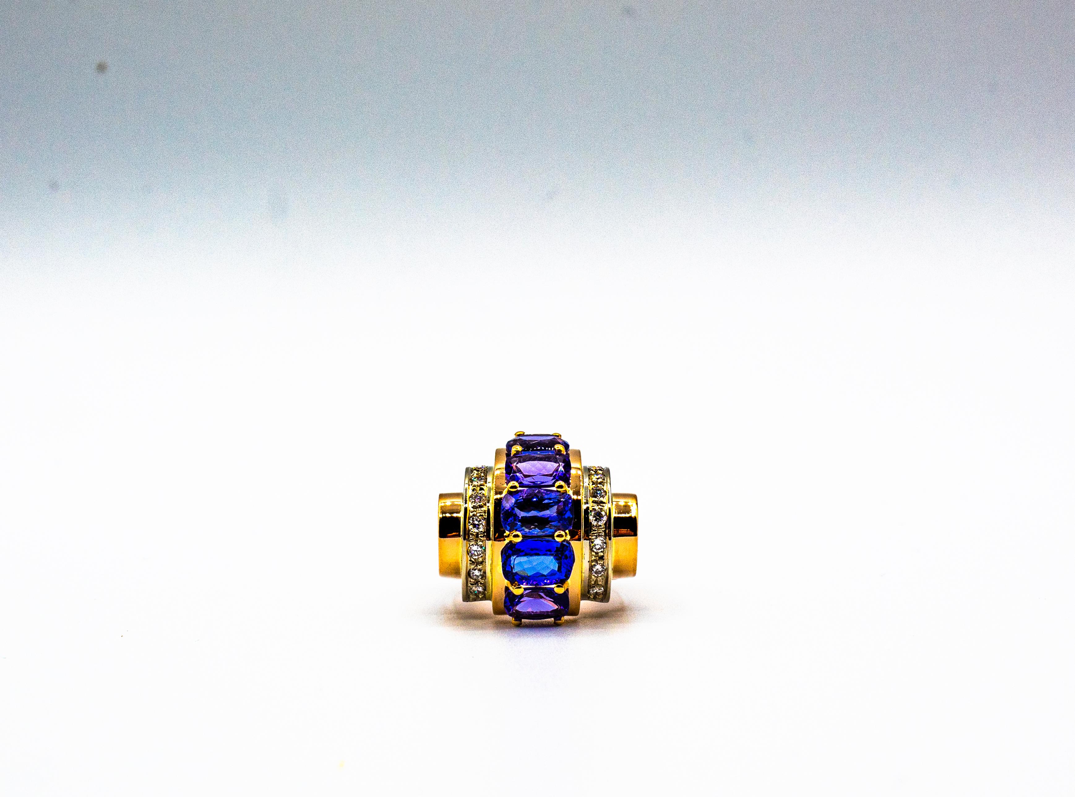 Art Deco Style 5.60 Carat White Diamond Tanzanite Yellow Gold Cocktail Ring For Sale 5