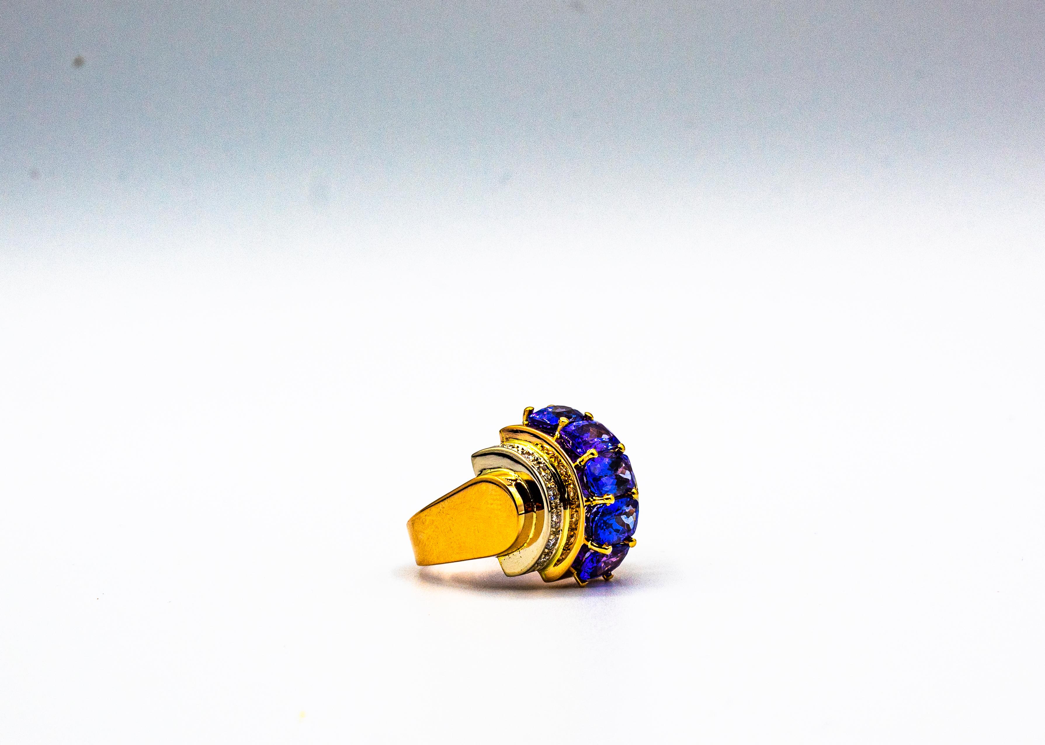 Art Deco Style 5.60 Carat White Diamond Tanzanite Yellow Gold Cocktail Ring For Sale 6