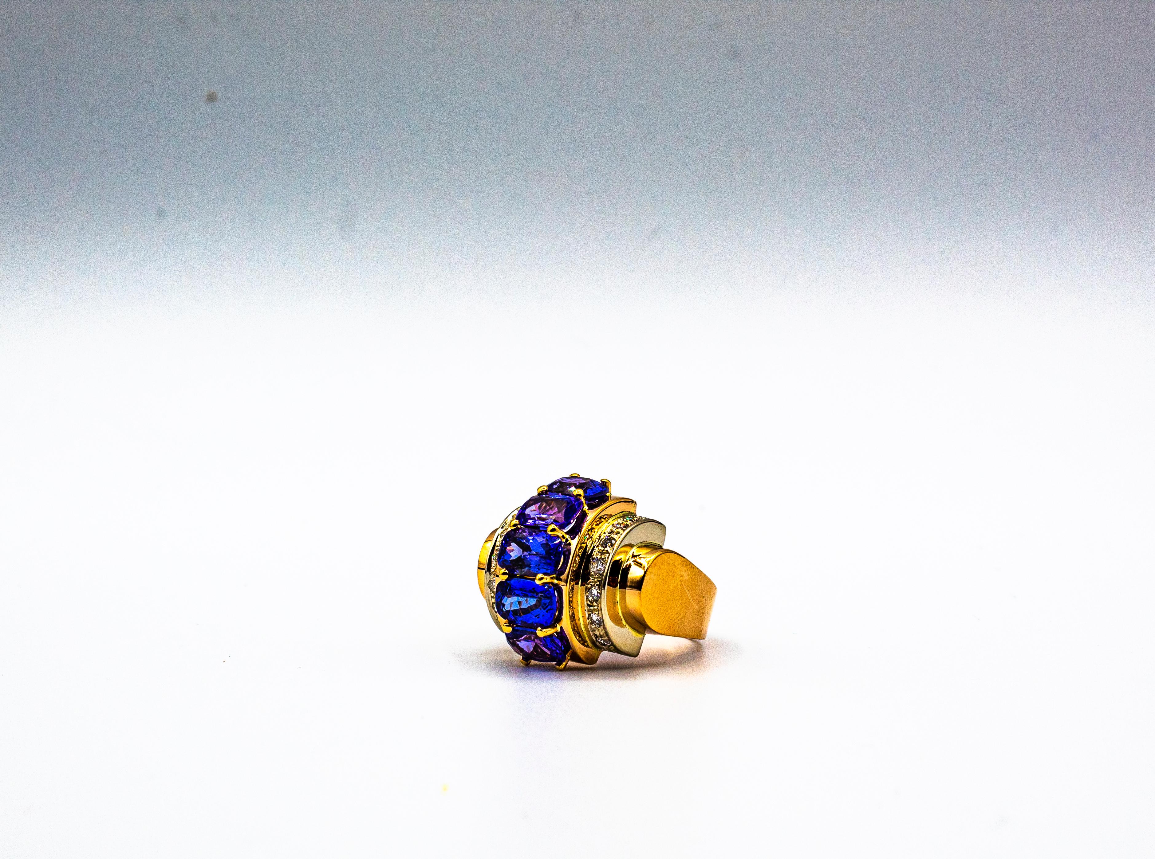 Art Deco Style 5.60 Carat White Diamond Tanzanite Yellow Gold Cocktail Ring For Sale 8