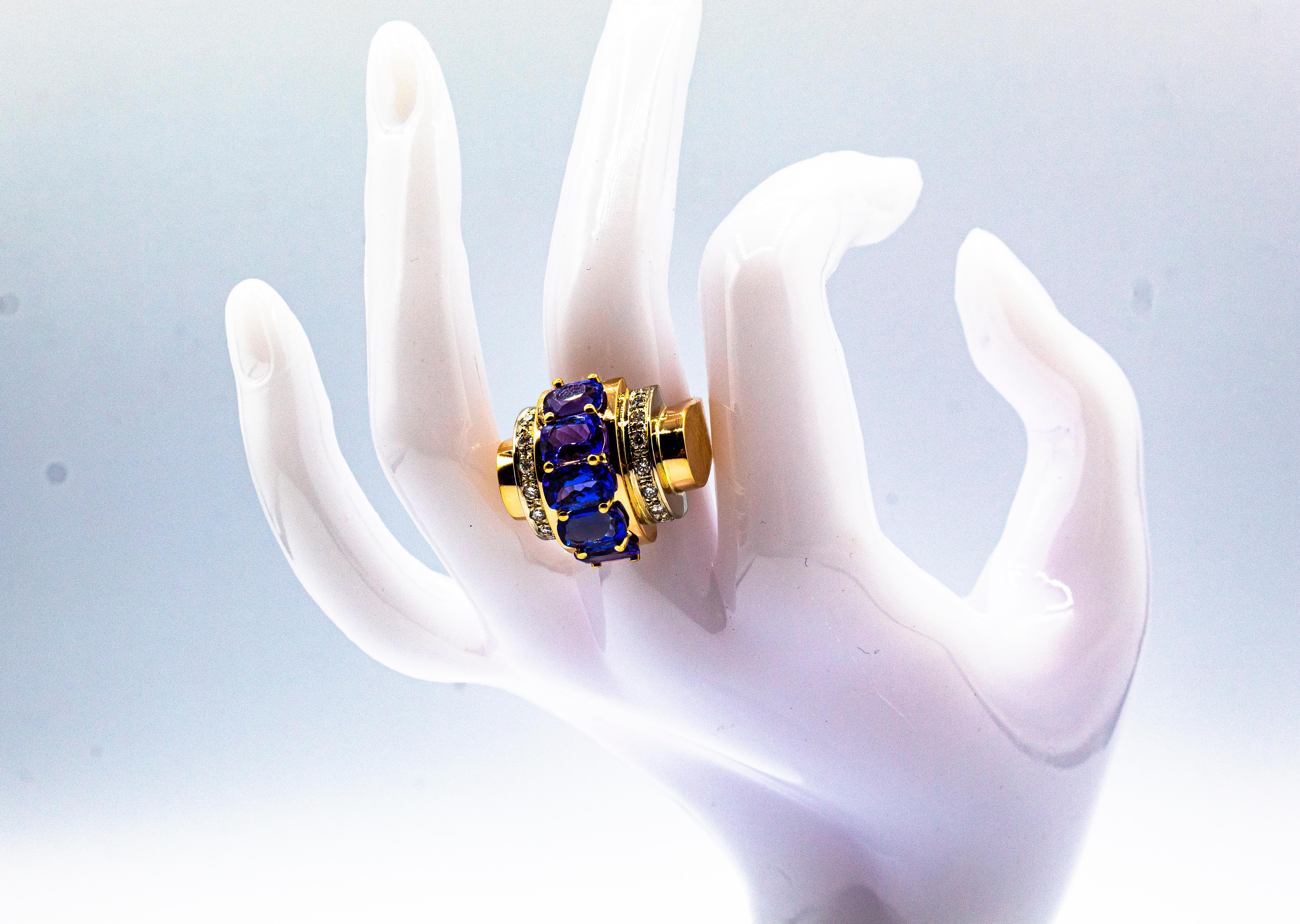 Art Deco Style 5.60 Carat White Diamond Tanzanite Yellow Gold Cocktail Ring For Sale 9