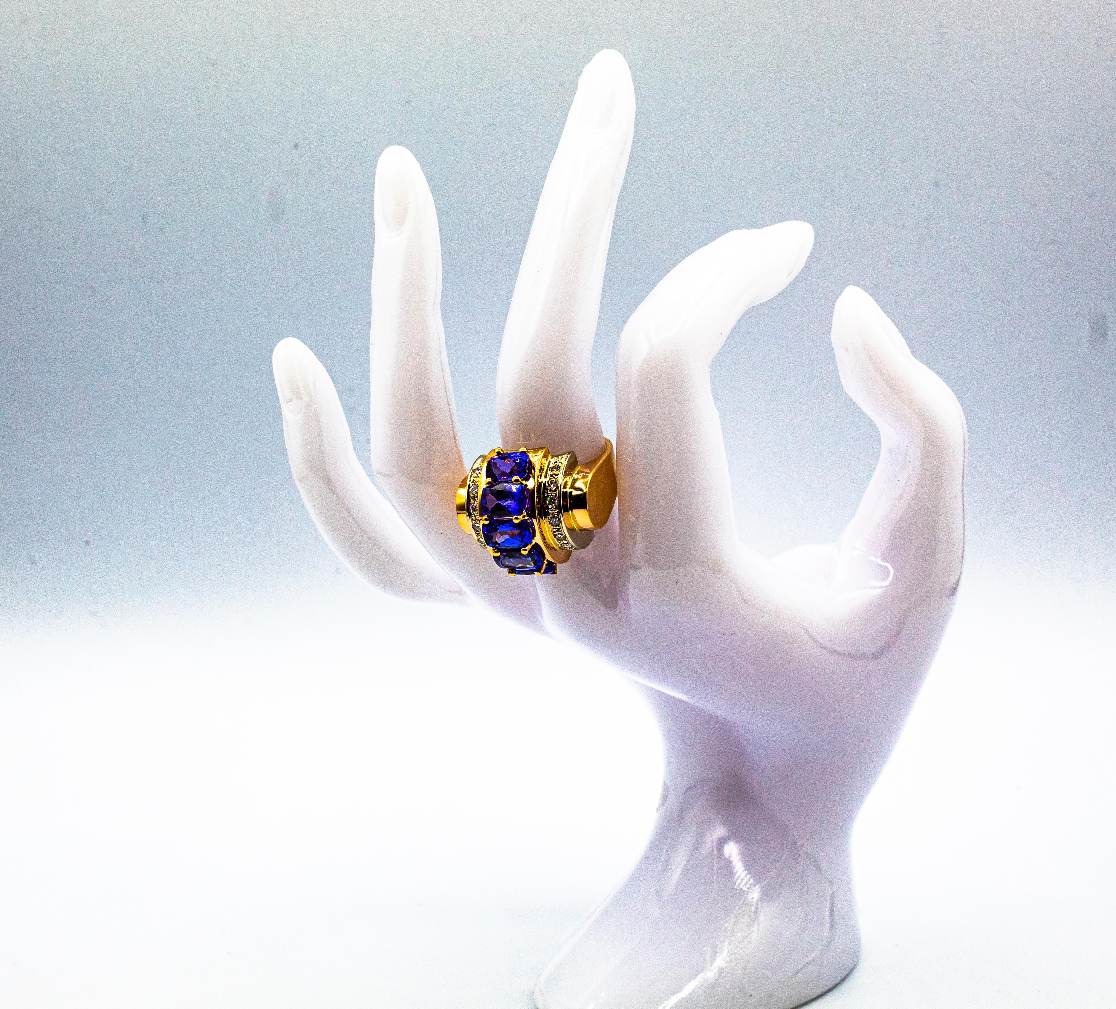 Art Deco Style 5.60 Carat White Diamond Tanzanite Yellow Gold Cocktail Ring For Sale 10