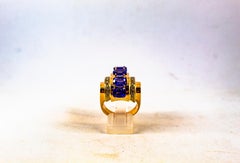 Art Deco Style 5.60 Carat White Diamond Tanzanite Yellow Gold Cocktail Ring