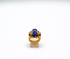 Art Deco Style 5.60 Carat White Diamond Tanzanite Yellow Gold Cocktail Ring