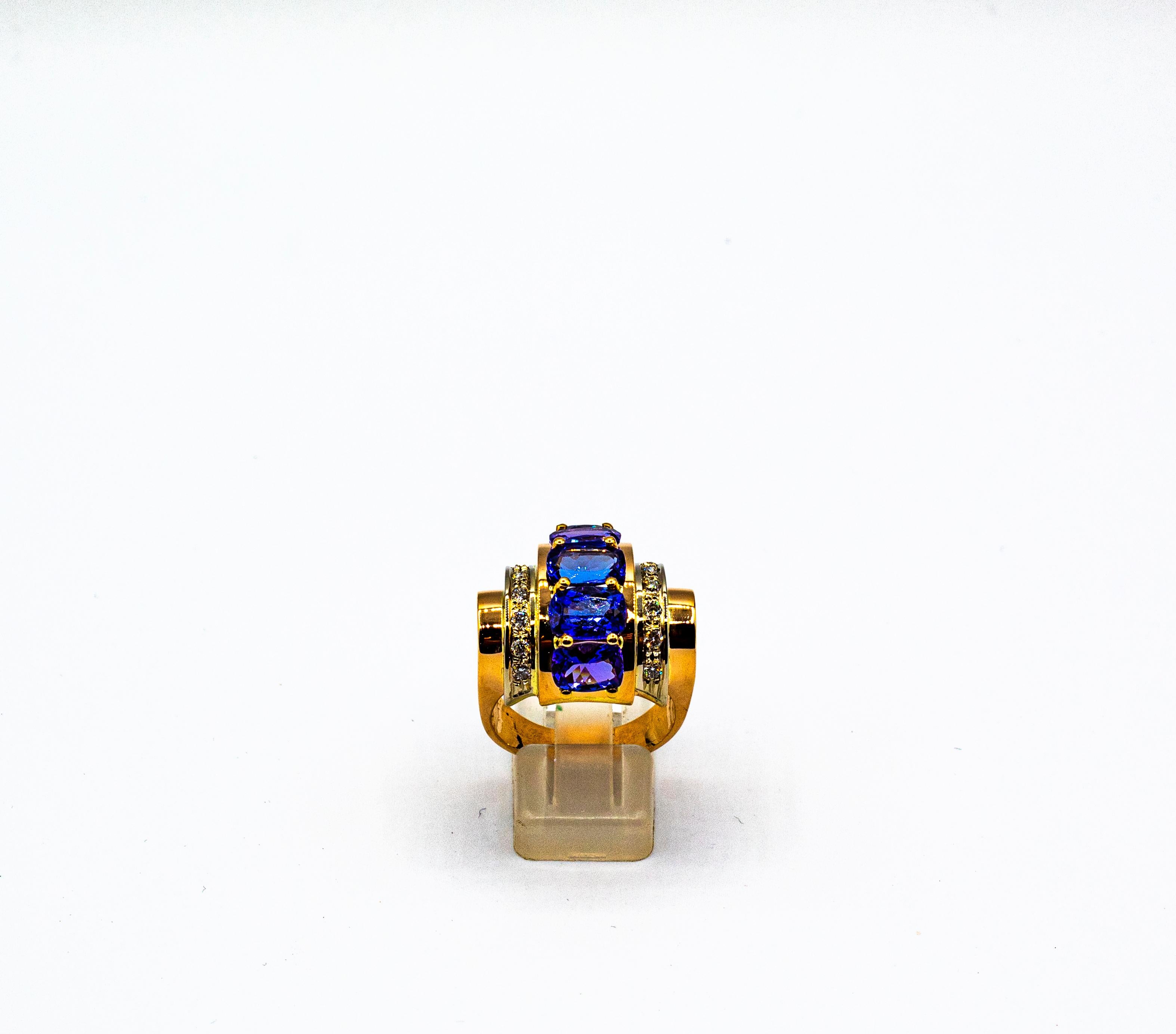 Brilliant Cut Art Deco Style 5.60 Carat White Diamond Tanzanite Yellow Gold Cocktail Ring For Sale