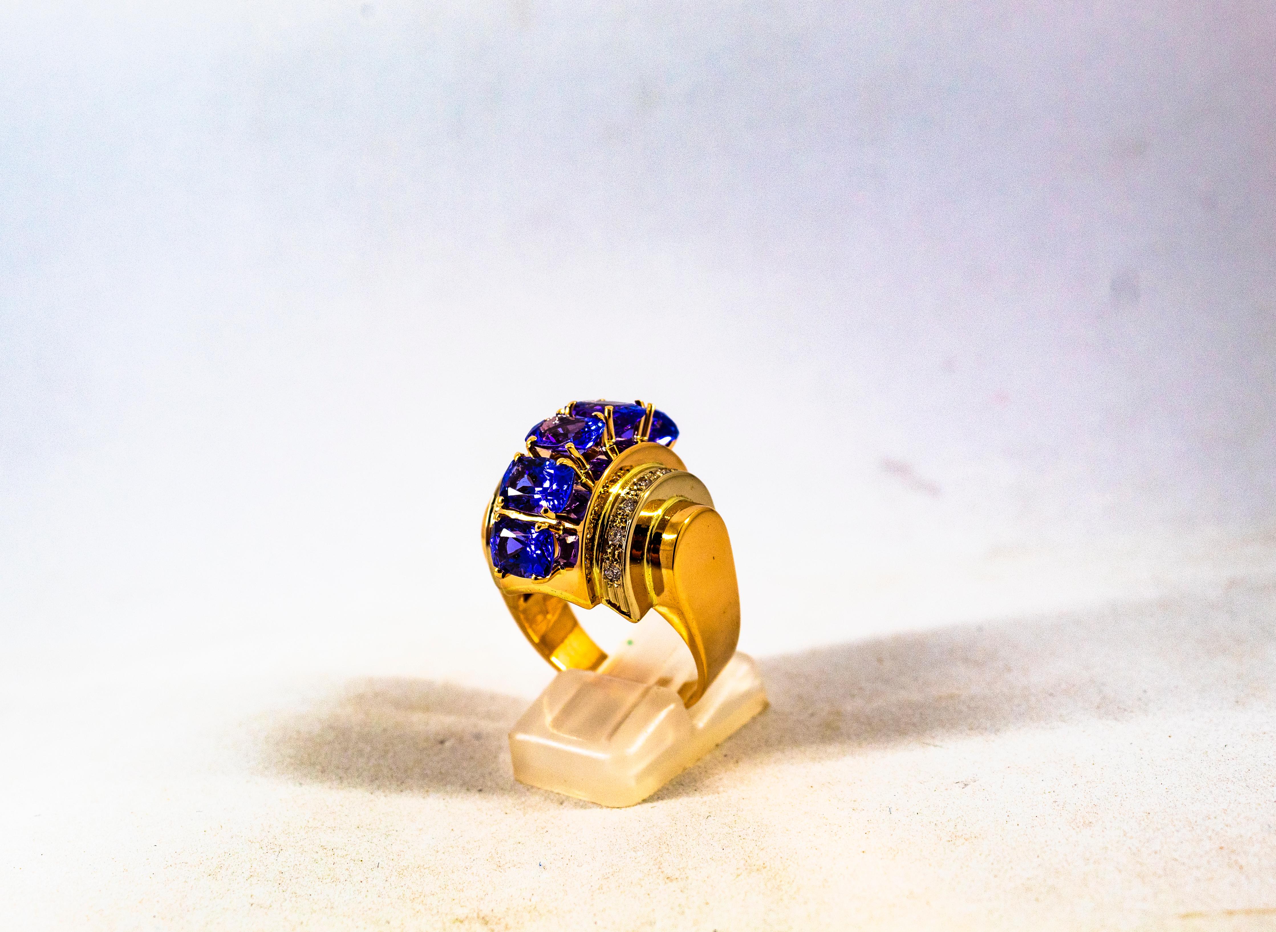 Art Deco Style 5.60 Carat White Diamond Tanzanite Yellow Gold Cocktail Ring In New Condition In Naples, IT