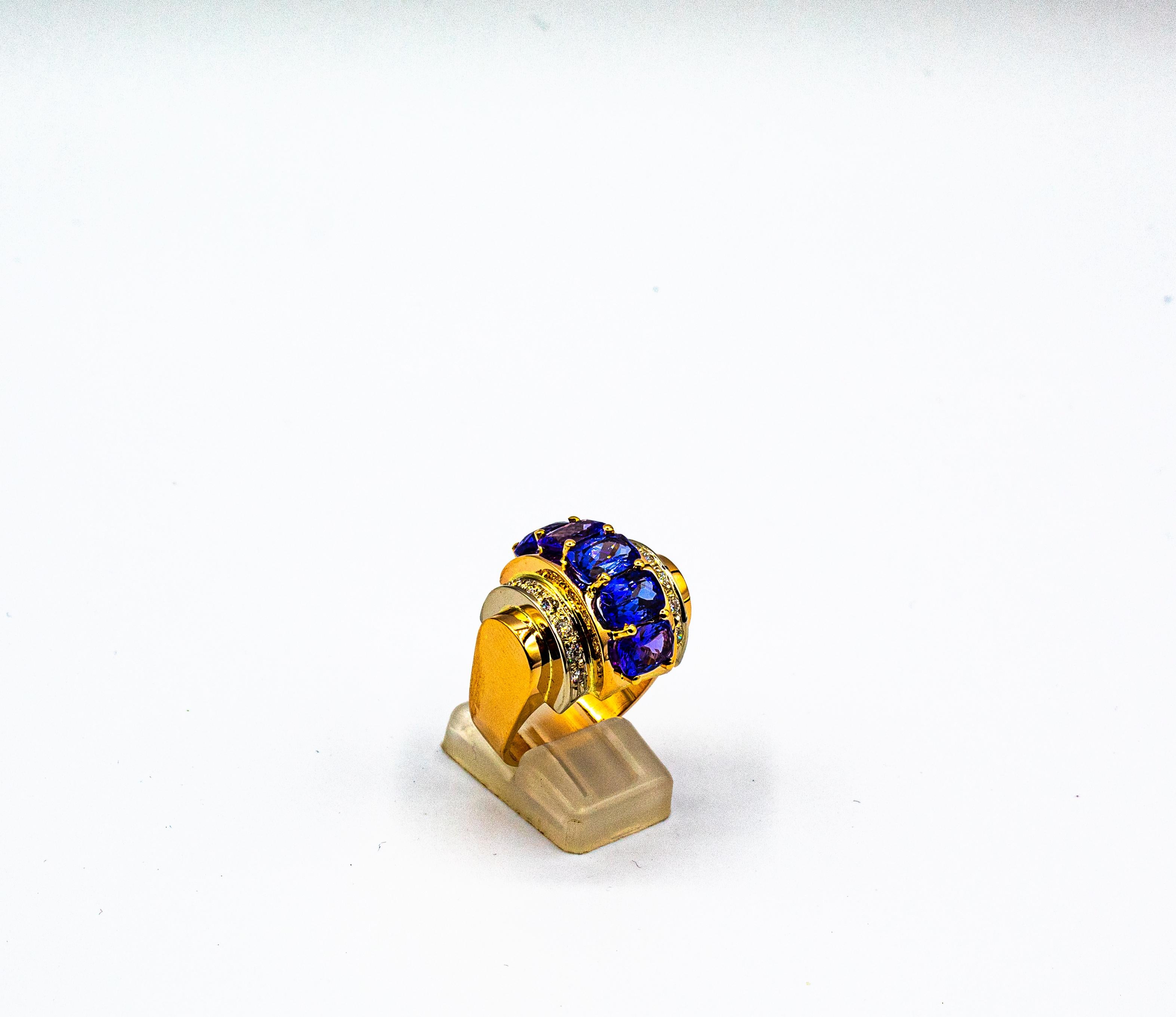 Art Deco Style 5.60 Carat White Diamond Tanzanite Yellow Gold Cocktail Ring In New Condition In Naples, IT