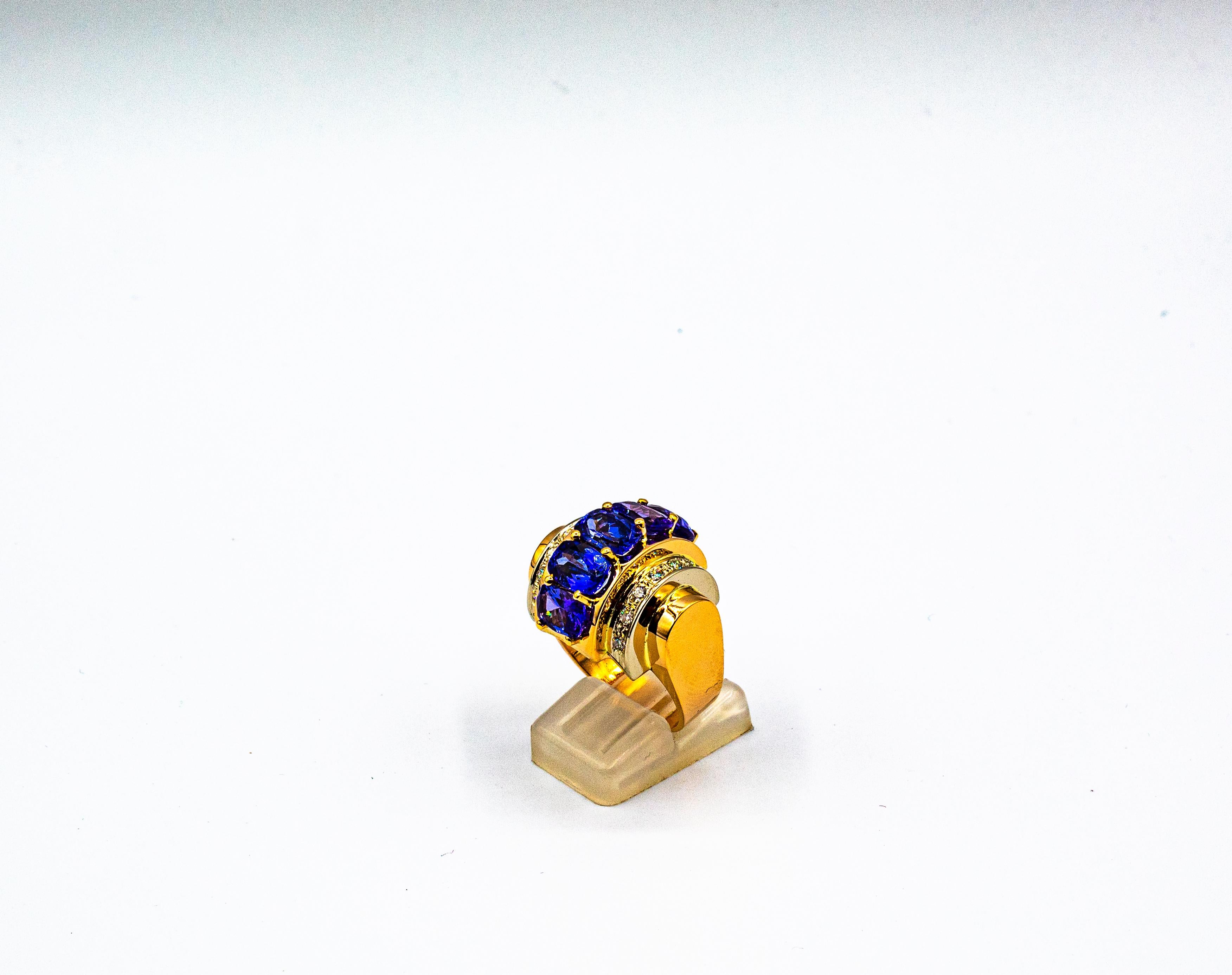 Art Deco Style 5.60 Carat White Diamond Tanzanite Yellow Gold Cocktail Ring For Sale 2