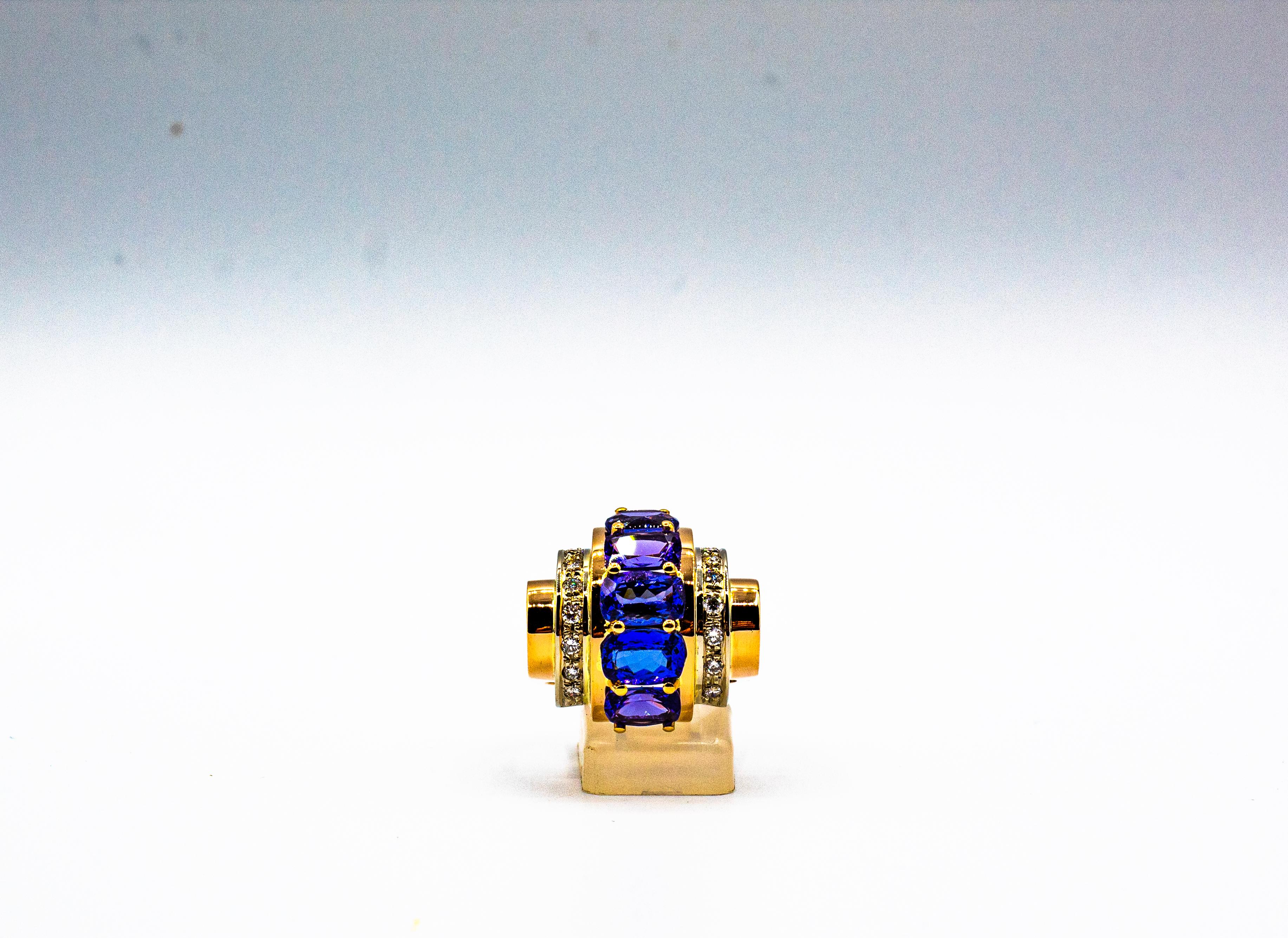Art Deco Style 5.60 Carat White Diamond Tanzanite Yellow Gold Cocktail Ring 3