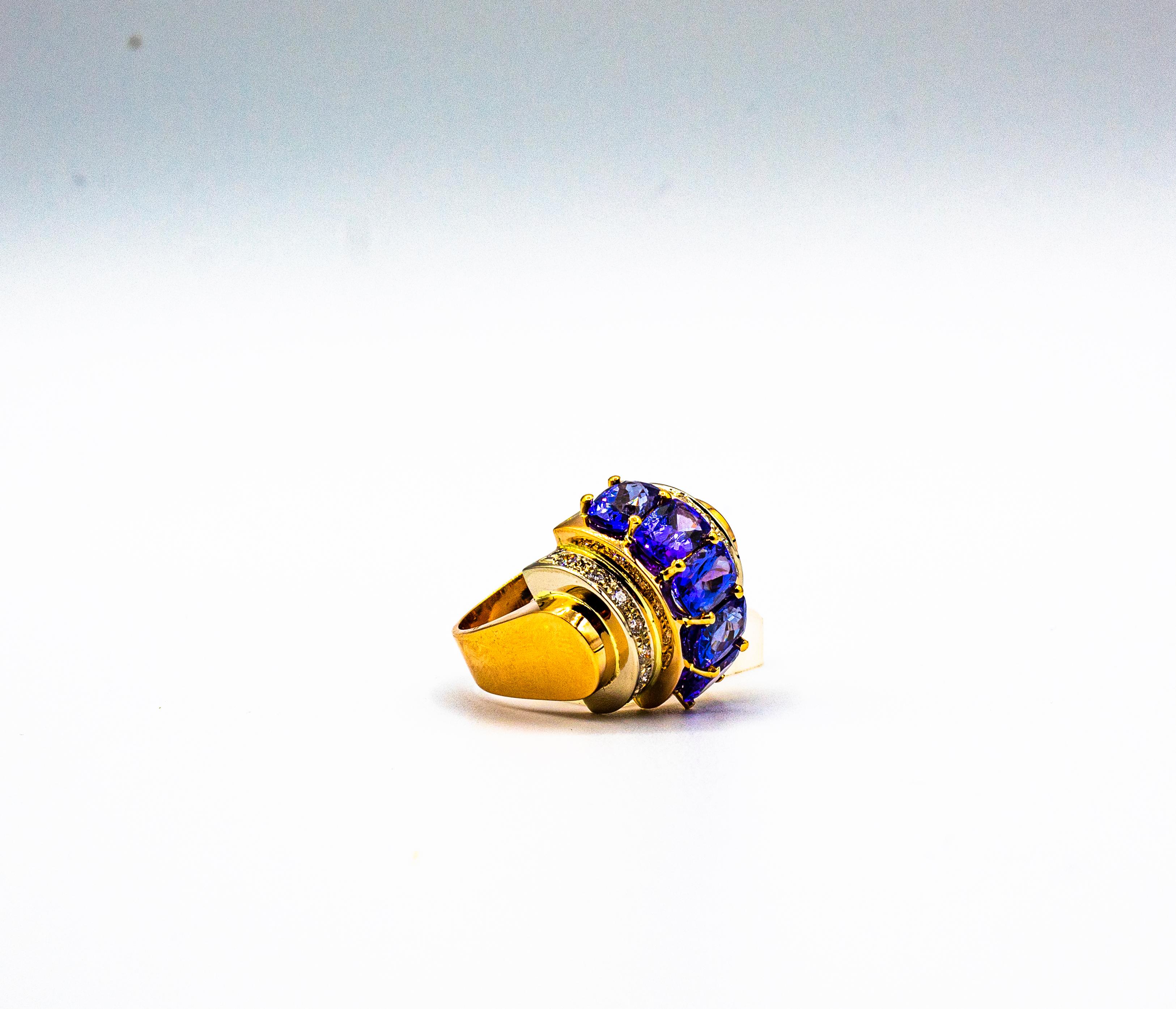 Art Deco Style 5.60 Carat White Diamond Tanzanite Yellow Gold Cocktail Ring For Sale 4