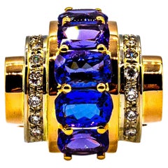Art Deco Style 5.60 Carat White Diamond Tanzanite Yellow Gold Cocktail Ring