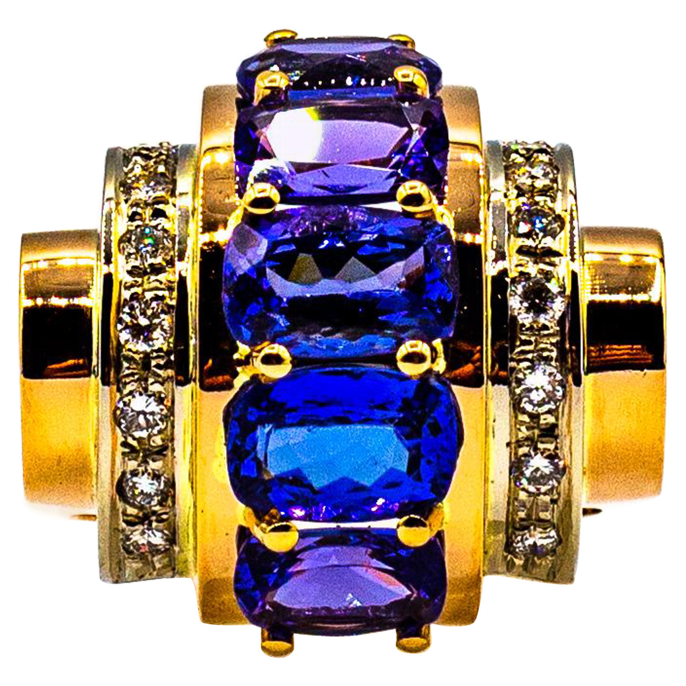 Art Deco Stil 5,60 Karat Weißer Diamant Tansanit Gelbgold Cocktail-Ring