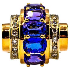 Art Deco Stil 5,60 Karat Weißer Diamant Tansanit Gelbgold Cocktail-Ring