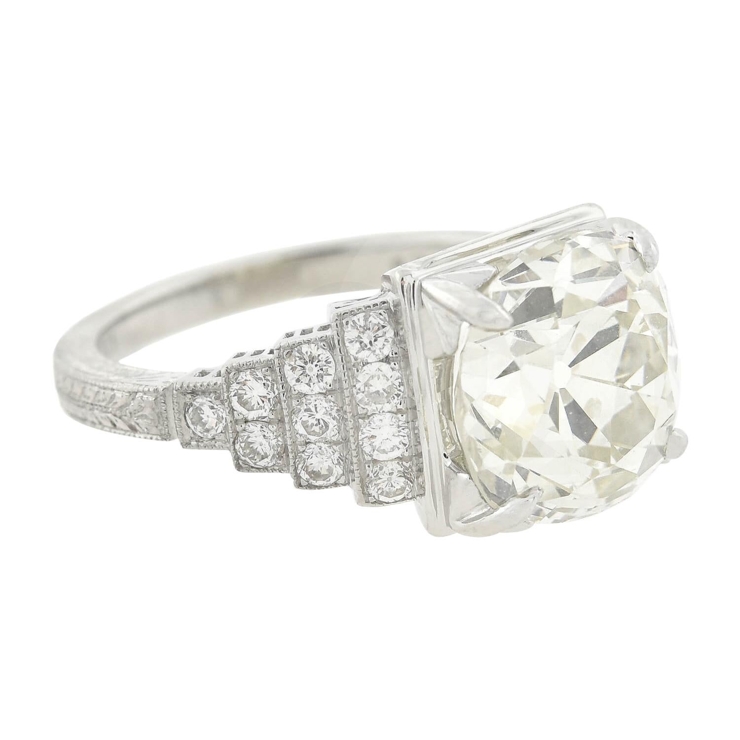 Art Deco Style 5.63 Carat Center Diamond Engagement Ring For Sale