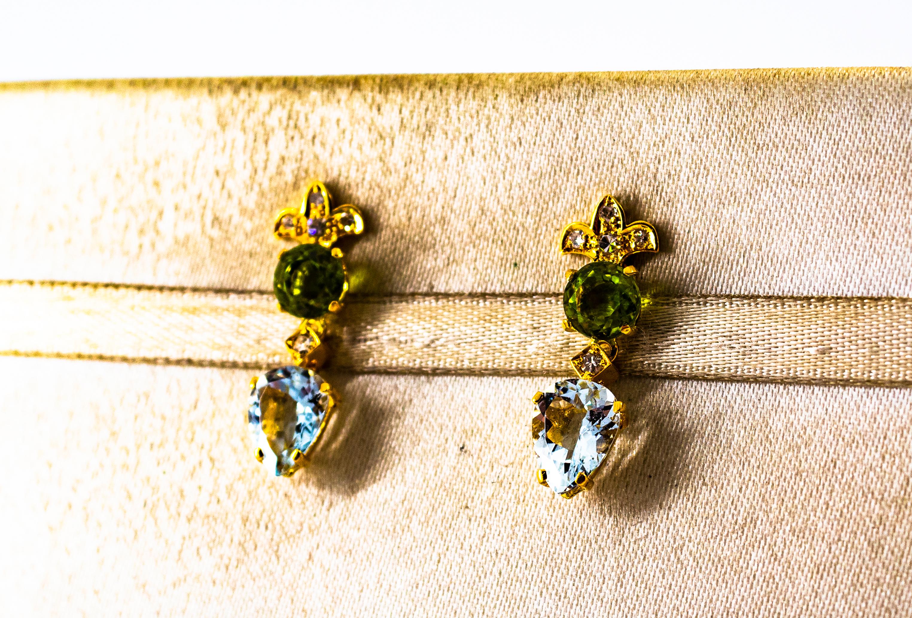 Art Deco Style 5.65 Carat White Diamond Peridot Aquamarine Yellow Gold Earrings In New Condition For Sale In Naples, IT