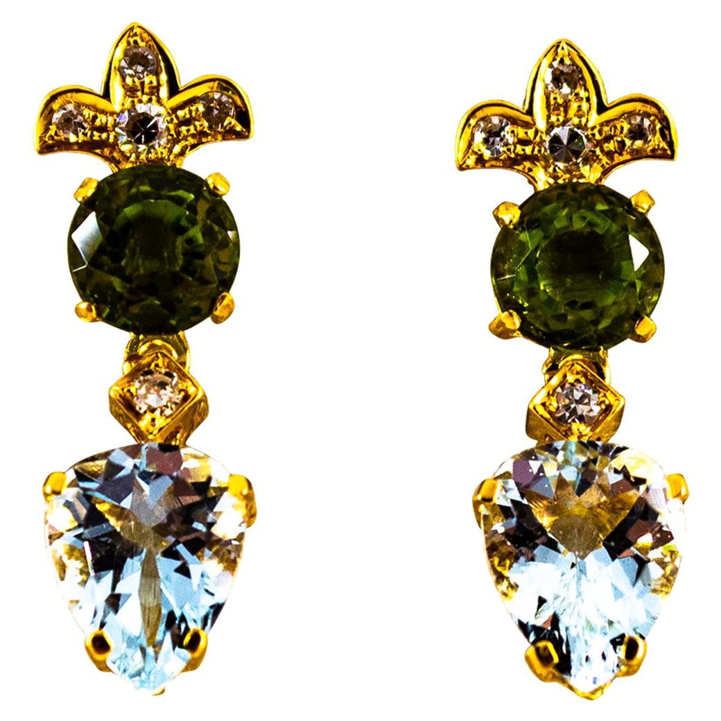 Art Deco Style 5.65 Carat White Diamond Peridot Aquamarine Yellow Gold Earrings