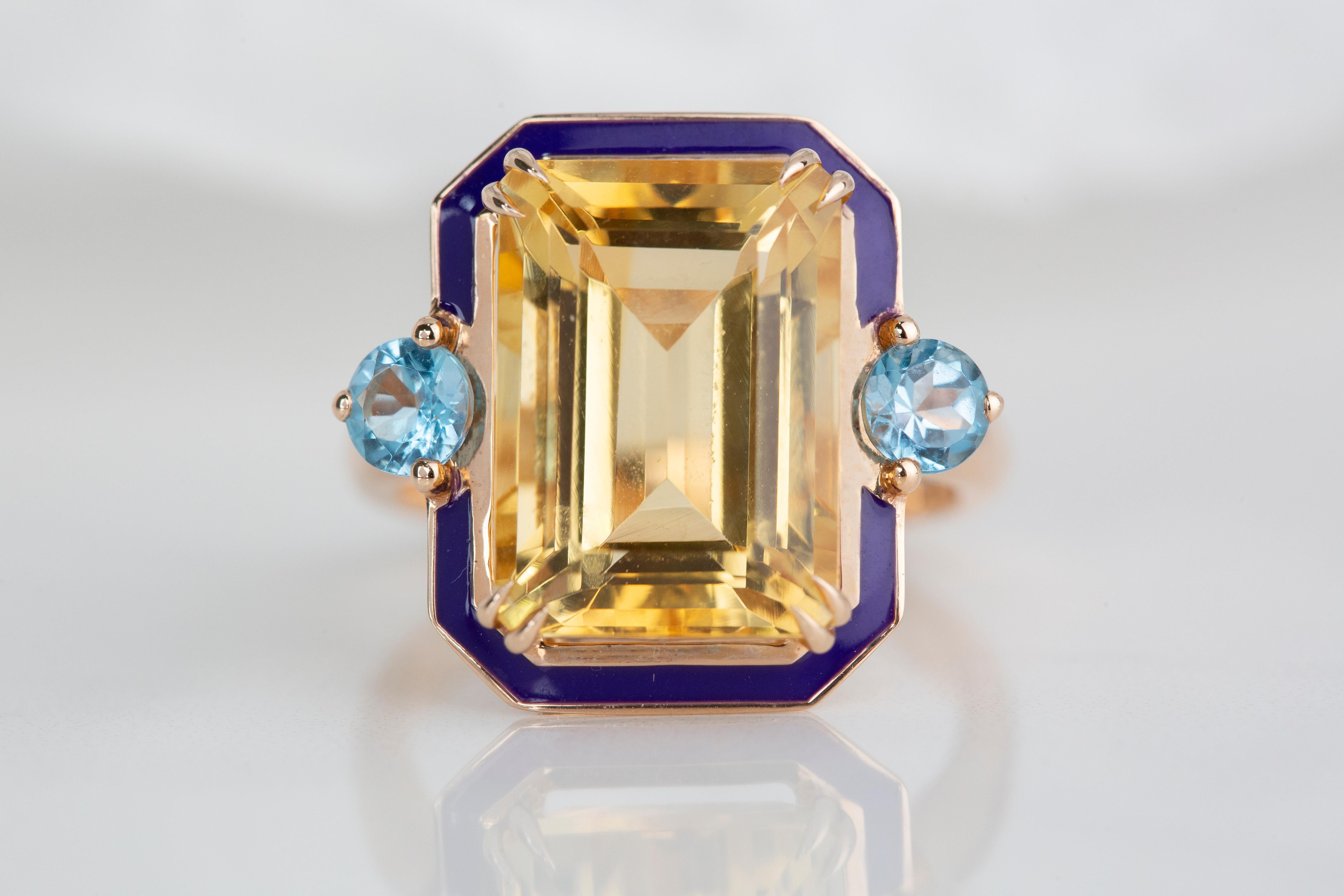 For Sale:  Art Deco Style 5.76 Ct Citrine and Sky Topaz 14K Gold Cocktail Ring 6