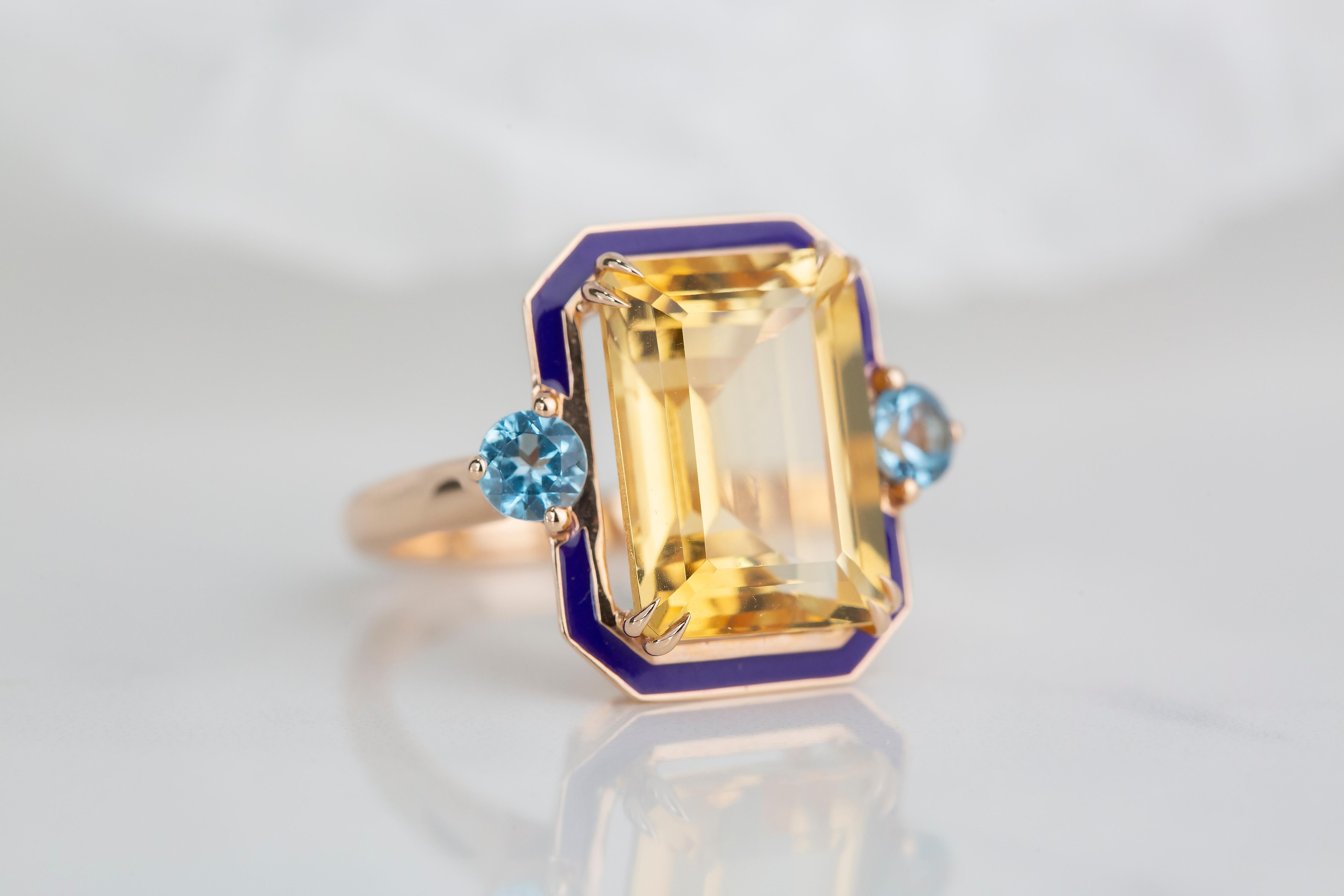 For Sale:  Art Deco Style 5.76 Ct Citrine and Sky Topaz 14K Gold Cocktail Ring 7