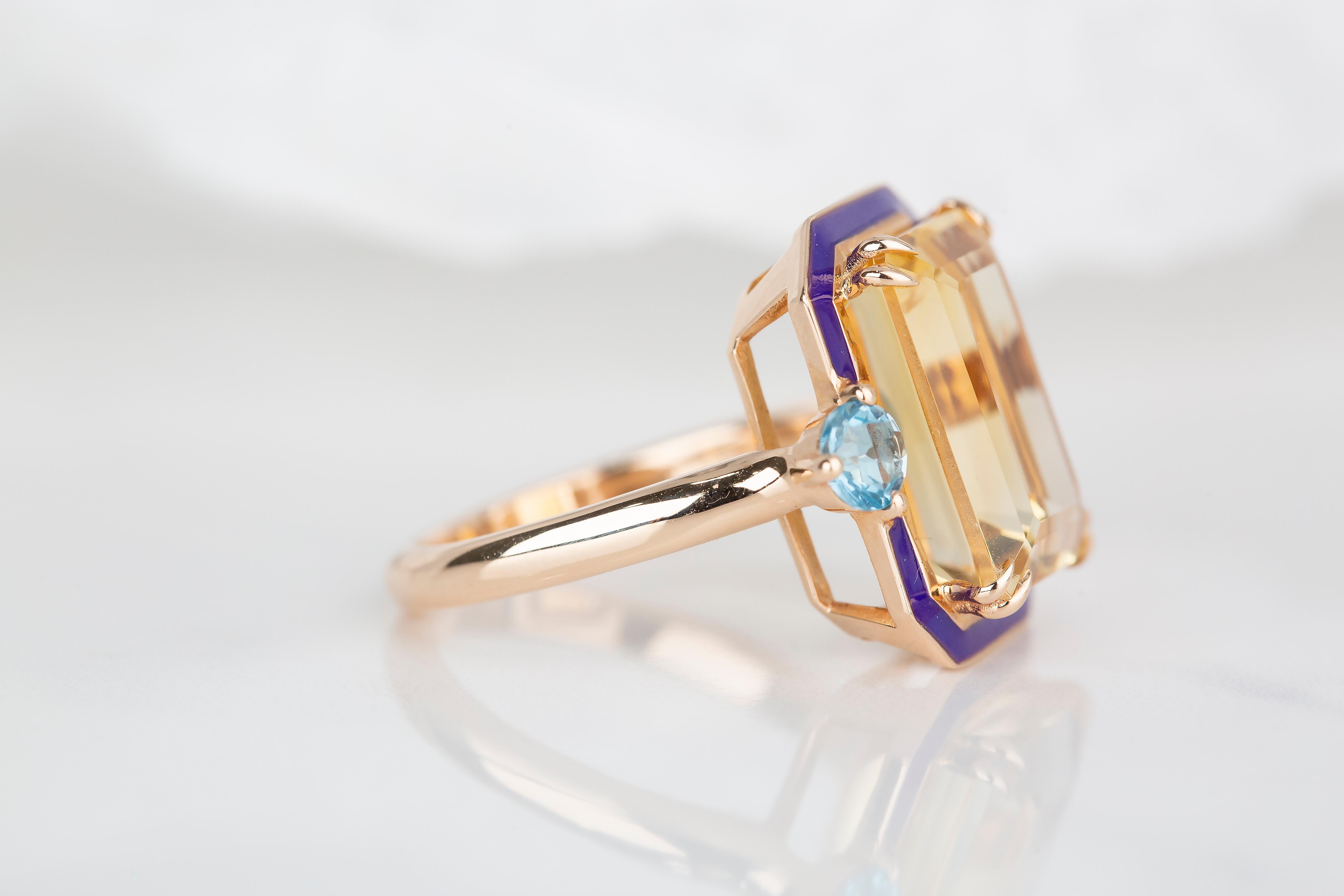For Sale:  Art Deco Style 5.76 Ct Citrine and Sky Topaz 14K Gold Cocktail Ring 8
