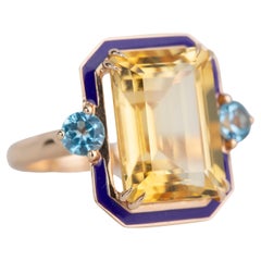 Bague cocktail en or 14 carats de style Art déco avec citrine de 5,76 carats et topaze ciel