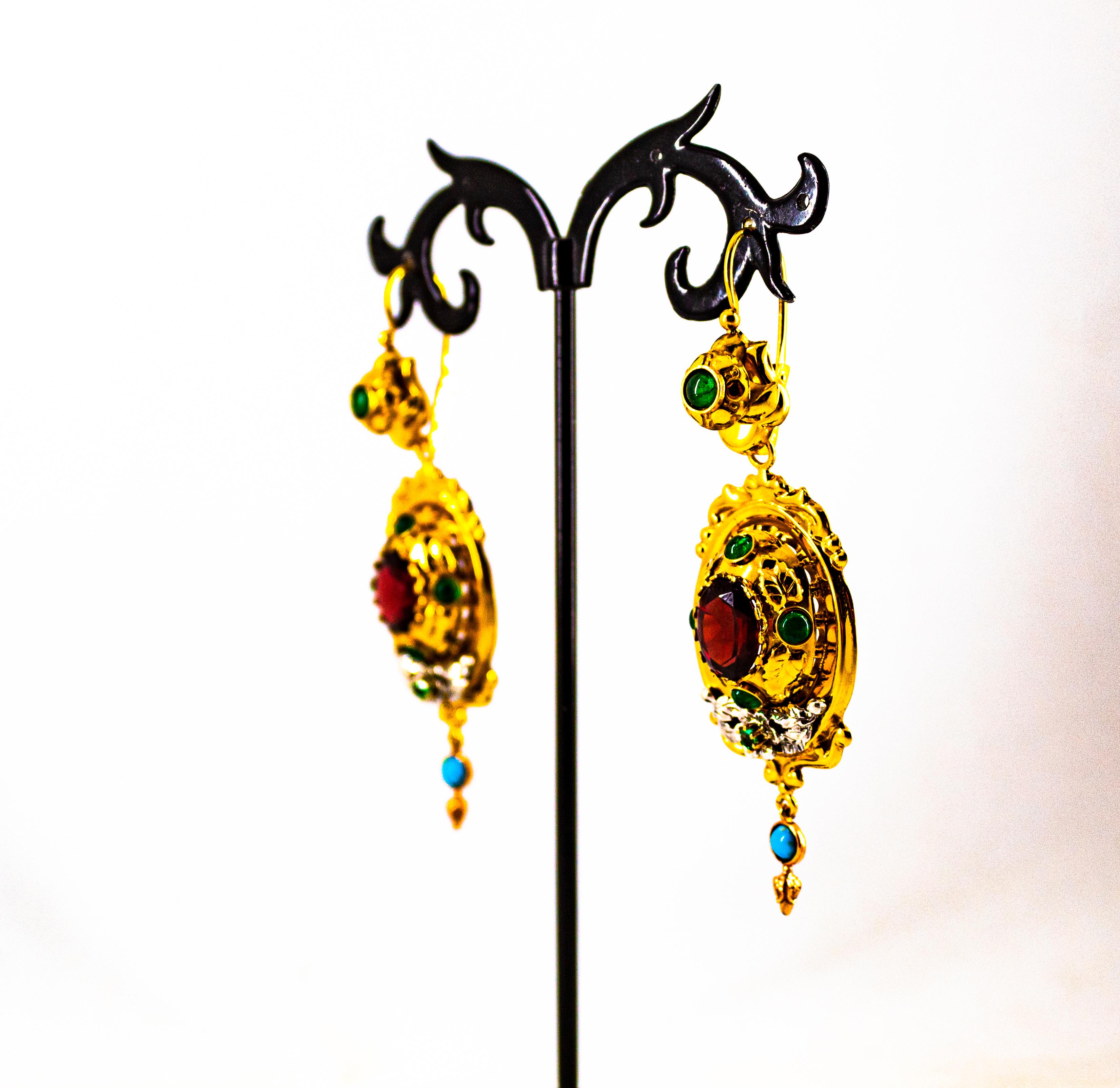 Art Deco Style 5.80 Carat Emerald Garnet Turquoise Yellow Gold Stud Earrings For Sale 6