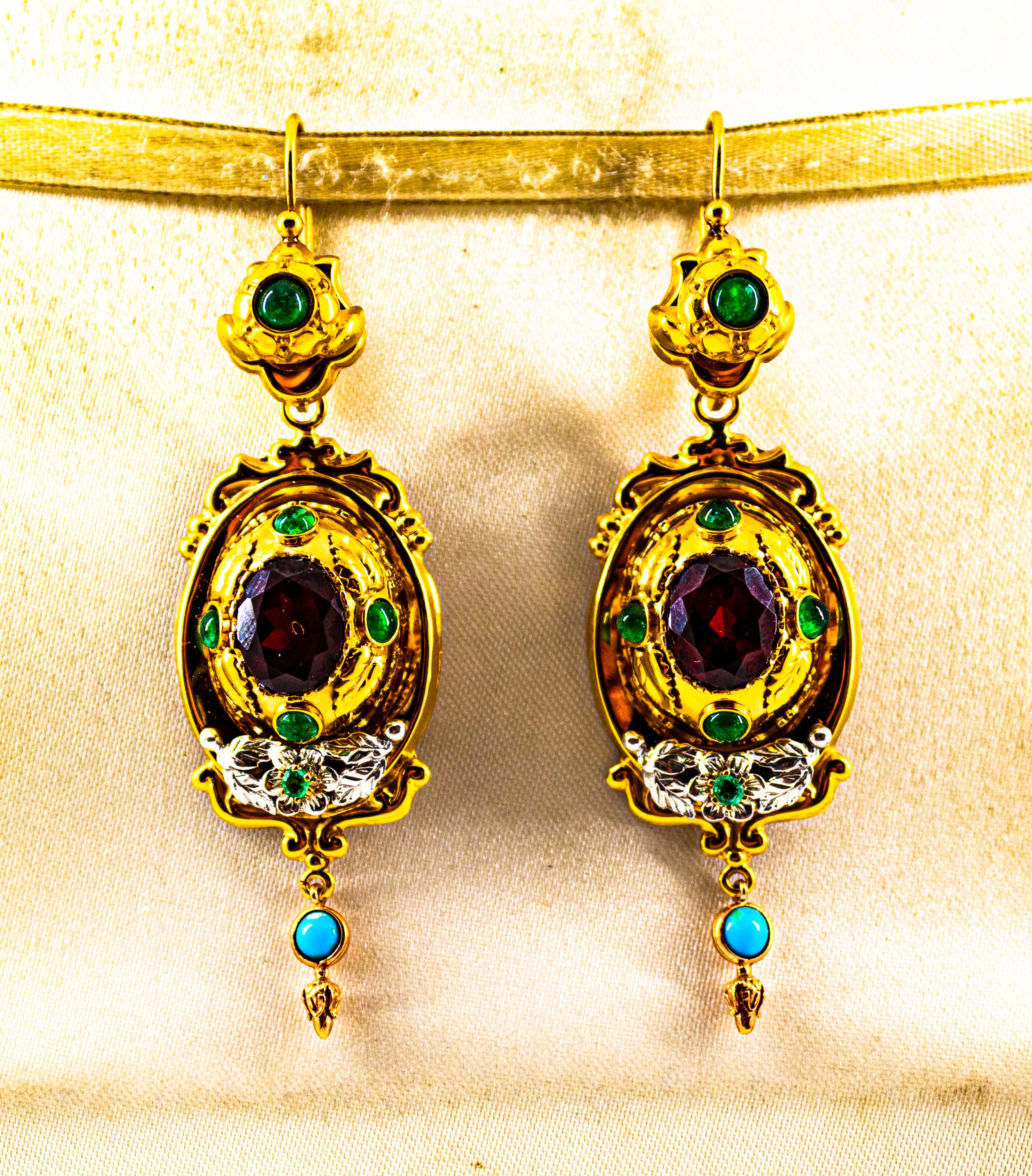 Cabochon Art Deco Style 5.80 Carat Emerald Garnet Turquoise Yellow Gold Stud Earrings For Sale