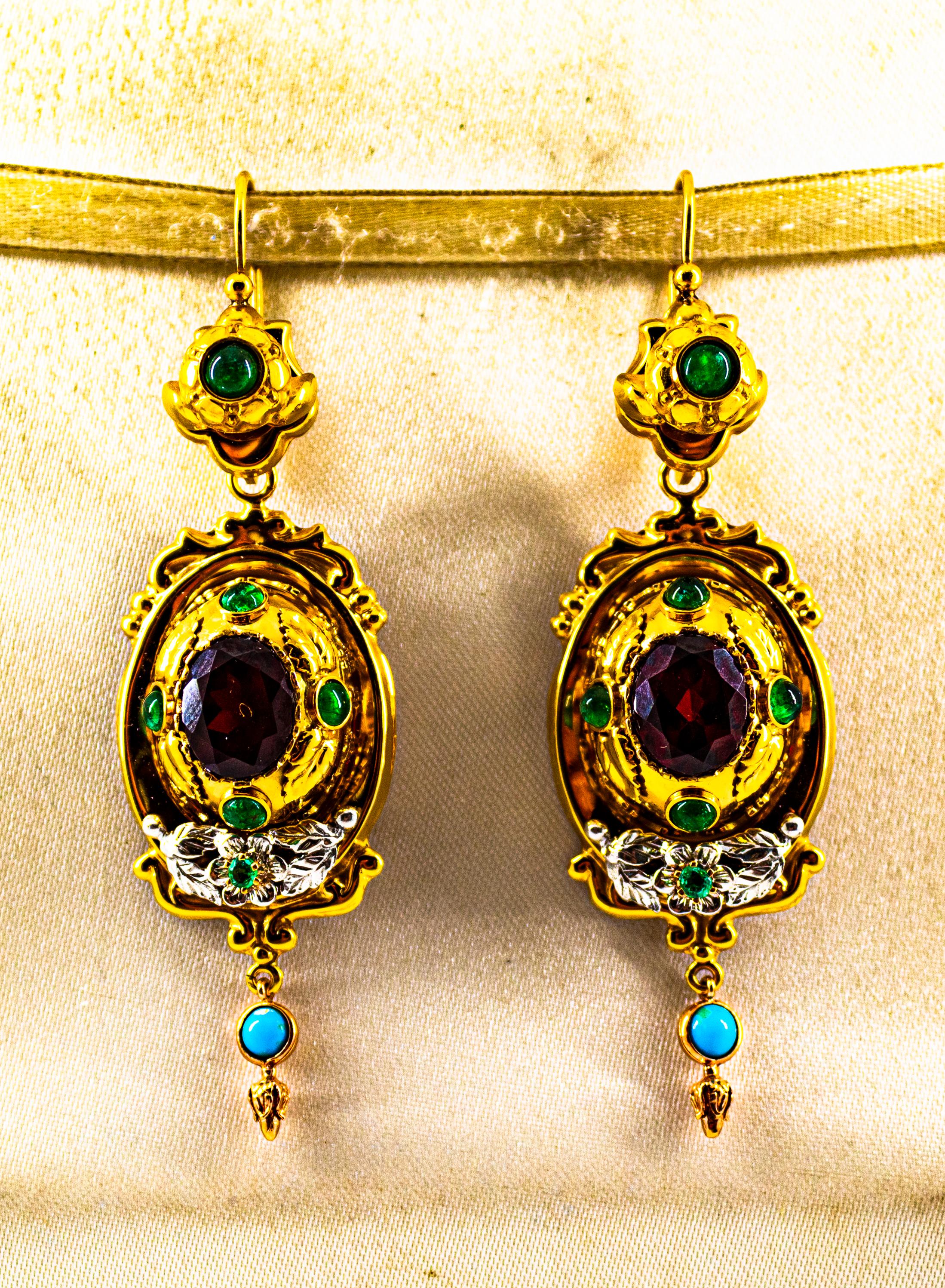 Art Deco Style 5.80 Carat Emerald Garnet Turquoise Yellow Gold Stud Earrings In New Condition For Sale In Naples, IT