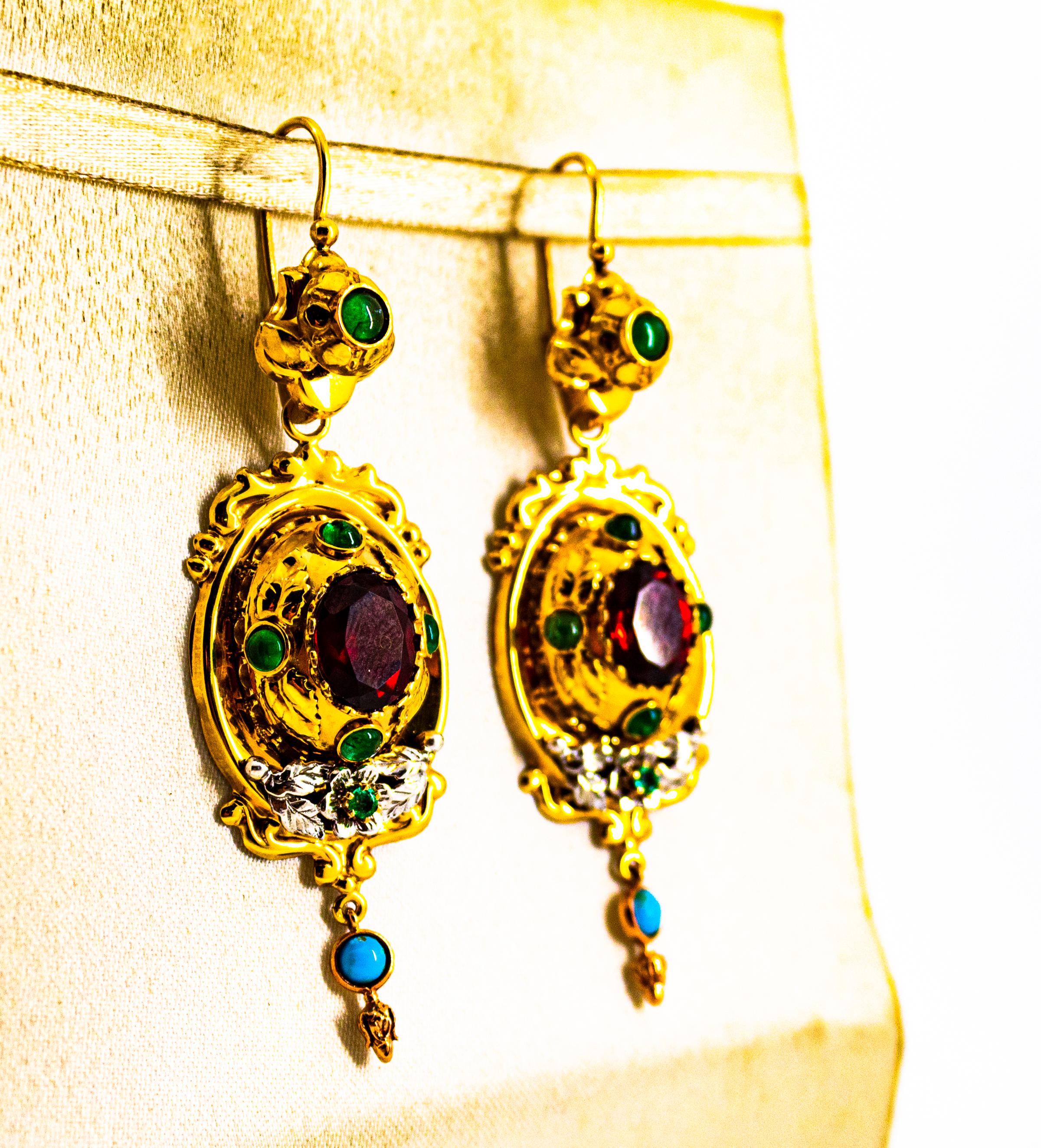 Women's or Men's Art Deco Style 5.80 Carat Emerald Garnet Turquoise Yellow Gold Stud Earrings For Sale