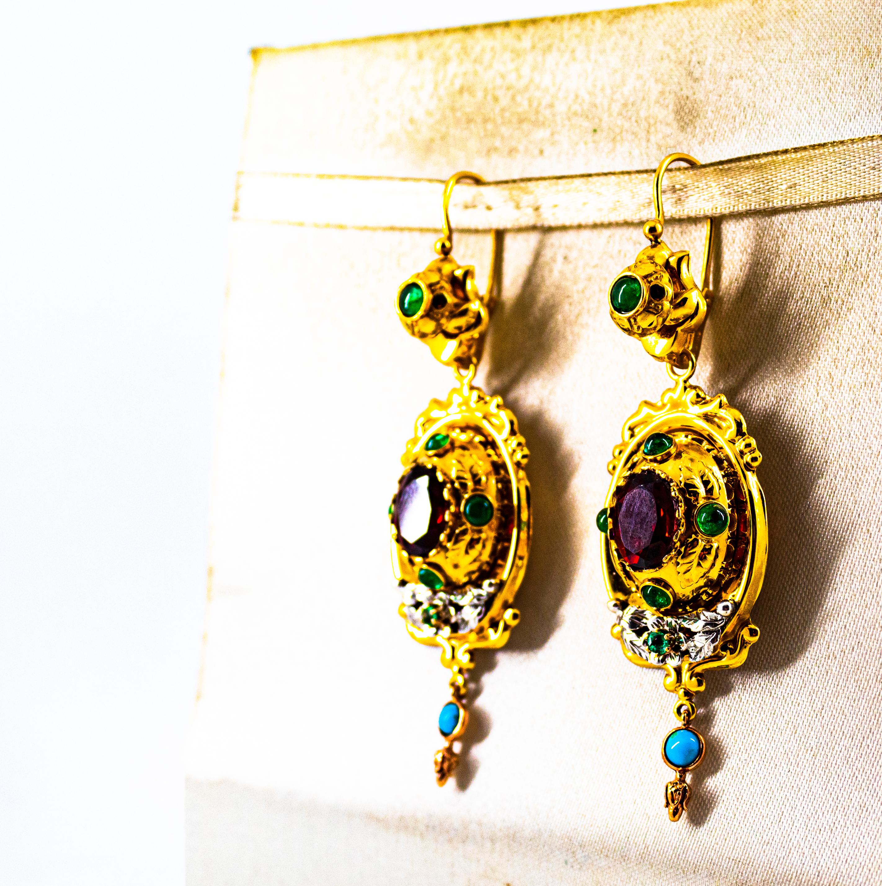 Art Deco Style 5.80 Carat Emerald Garnet Turquoise Yellow Gold Stud Earrings For Sale 1