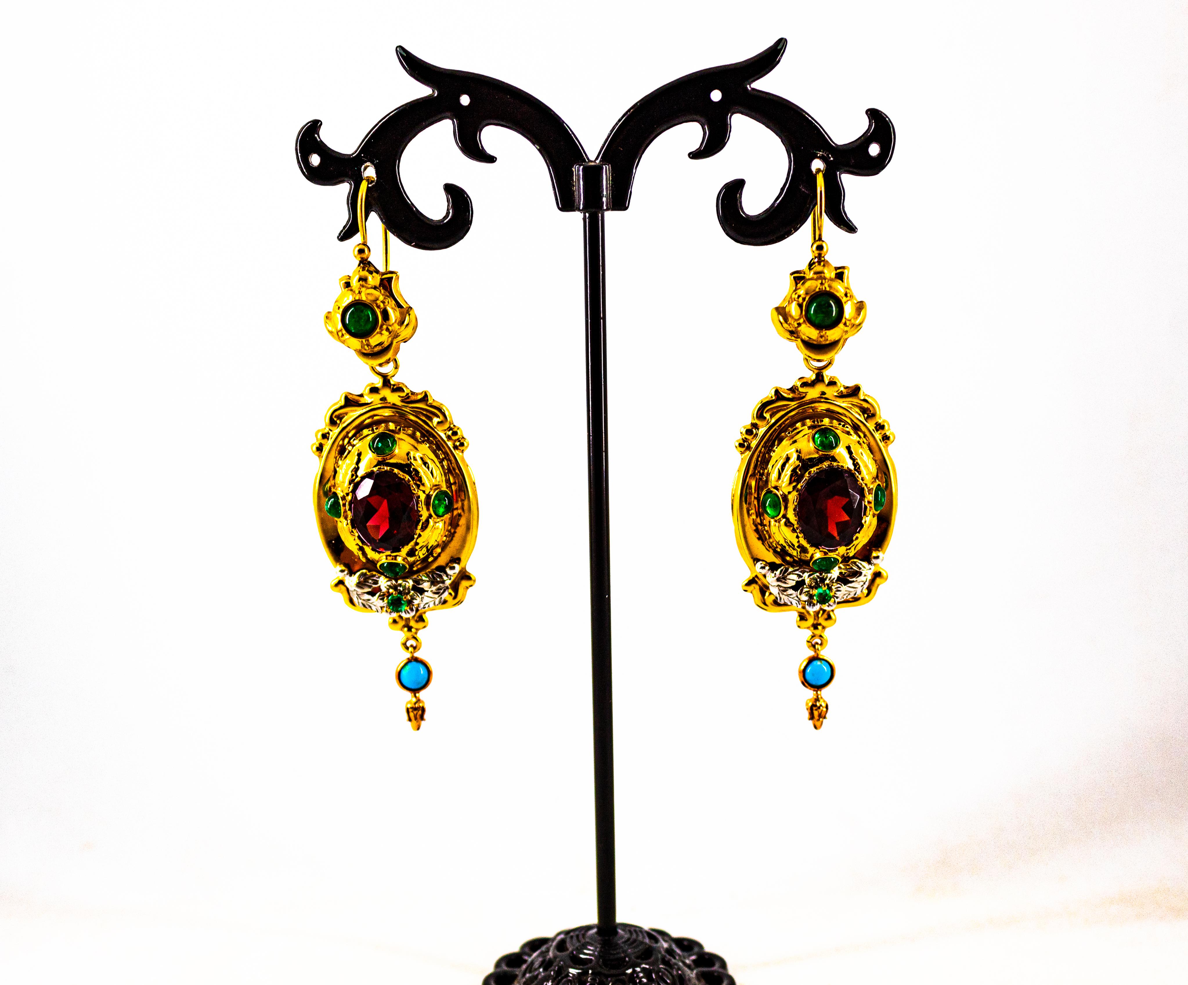 Art Deco Style 5.80 Carat Emerald Garnet Turquoise Yellow Gold Stud Earrings For Sale 2