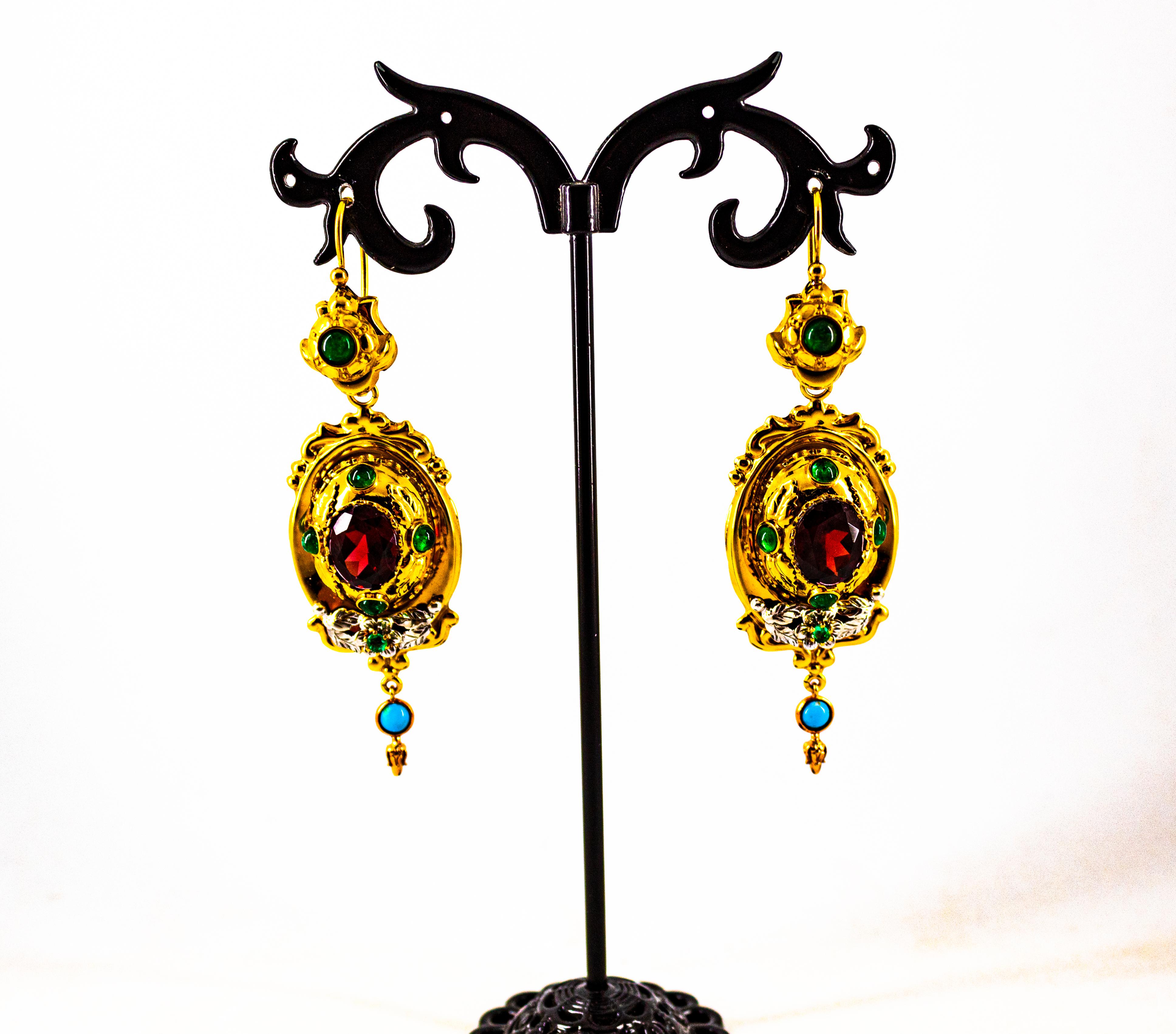 Art Deco Style 5.80 Carat Emerald Garnet Turquoise Yellow Gold Stud Earrings For Sale 3