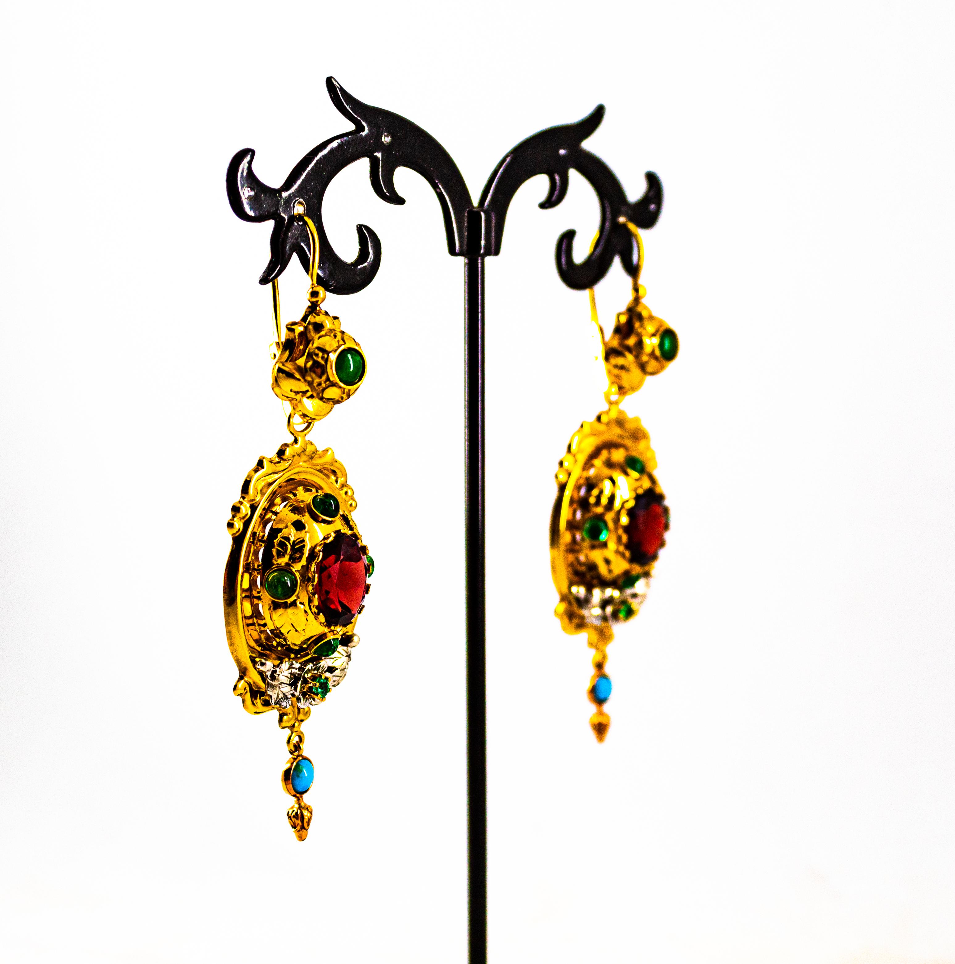 Art Deco Style 5.80 Carat Emerald Garnet Turquoise Yellow Gold Stud Earrings For Sale 4