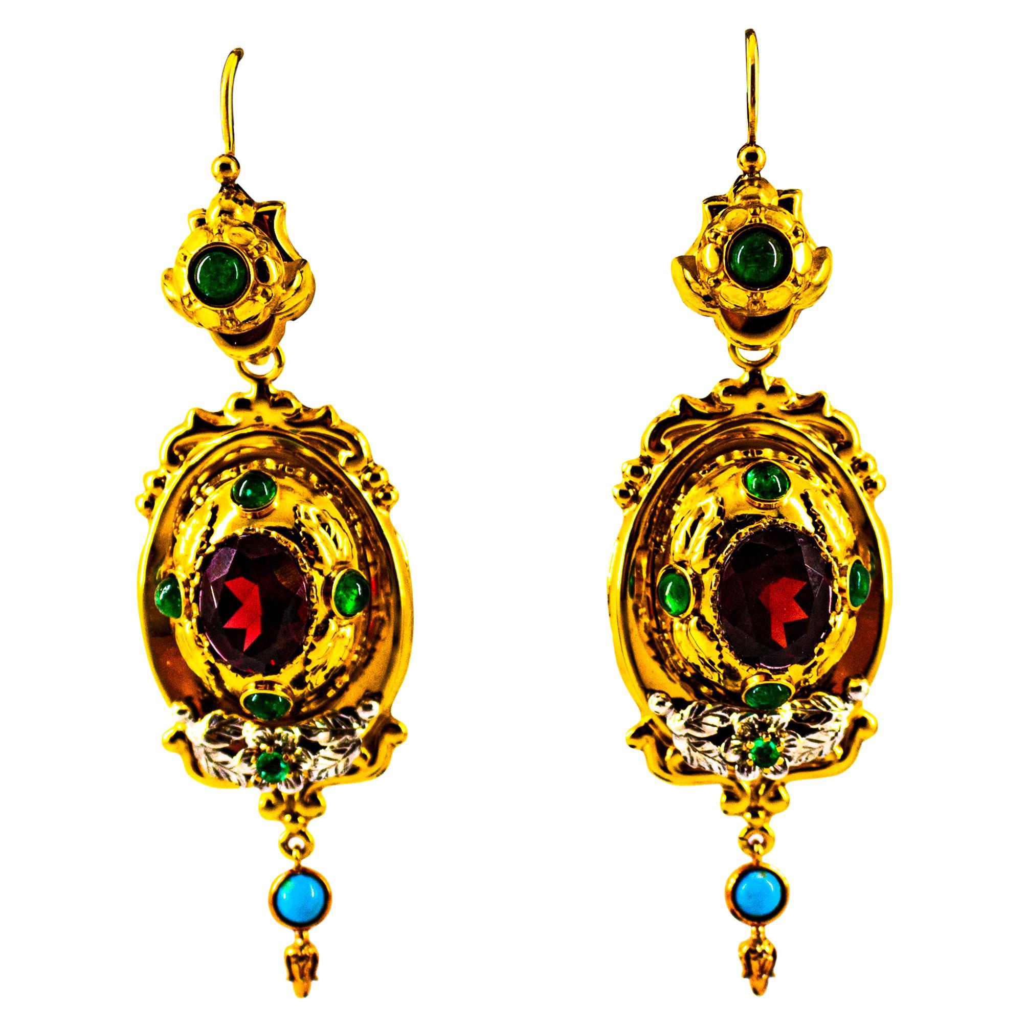 Art Deco Style 5.80 Carat Emerald Garnet Turquoise Yellow Gold Stud Earrings For Sale