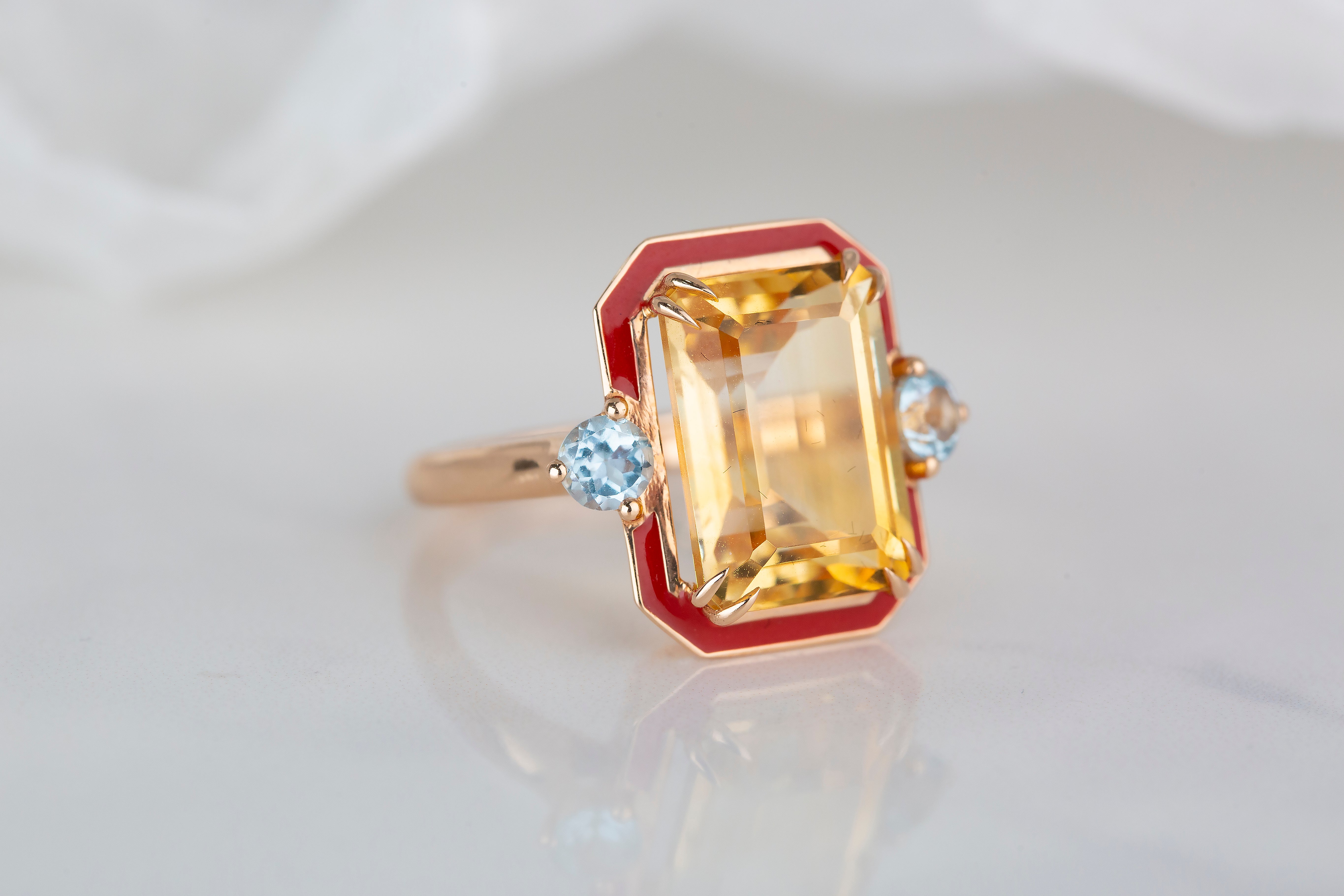 For Sale:  Art Deco Style 5.80 Ct Red Enameled Citrine and Sky Topaz 14K Gold Cocktail Ring 7