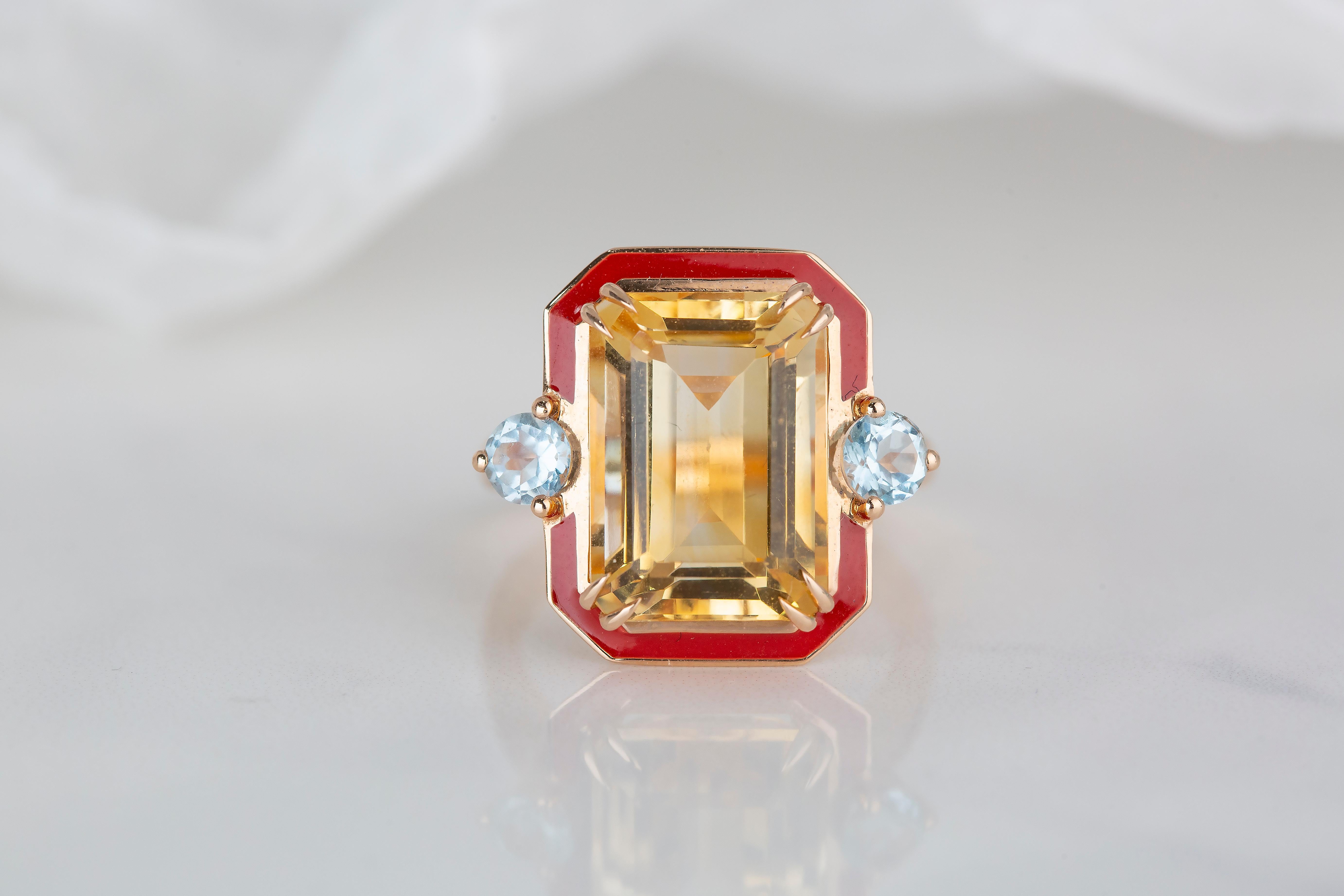 For Sale:  Art Deco Style 5.80 Ct Red Enameled Citrine and Sky Topaz 14K Gold Cocktail Ring 7