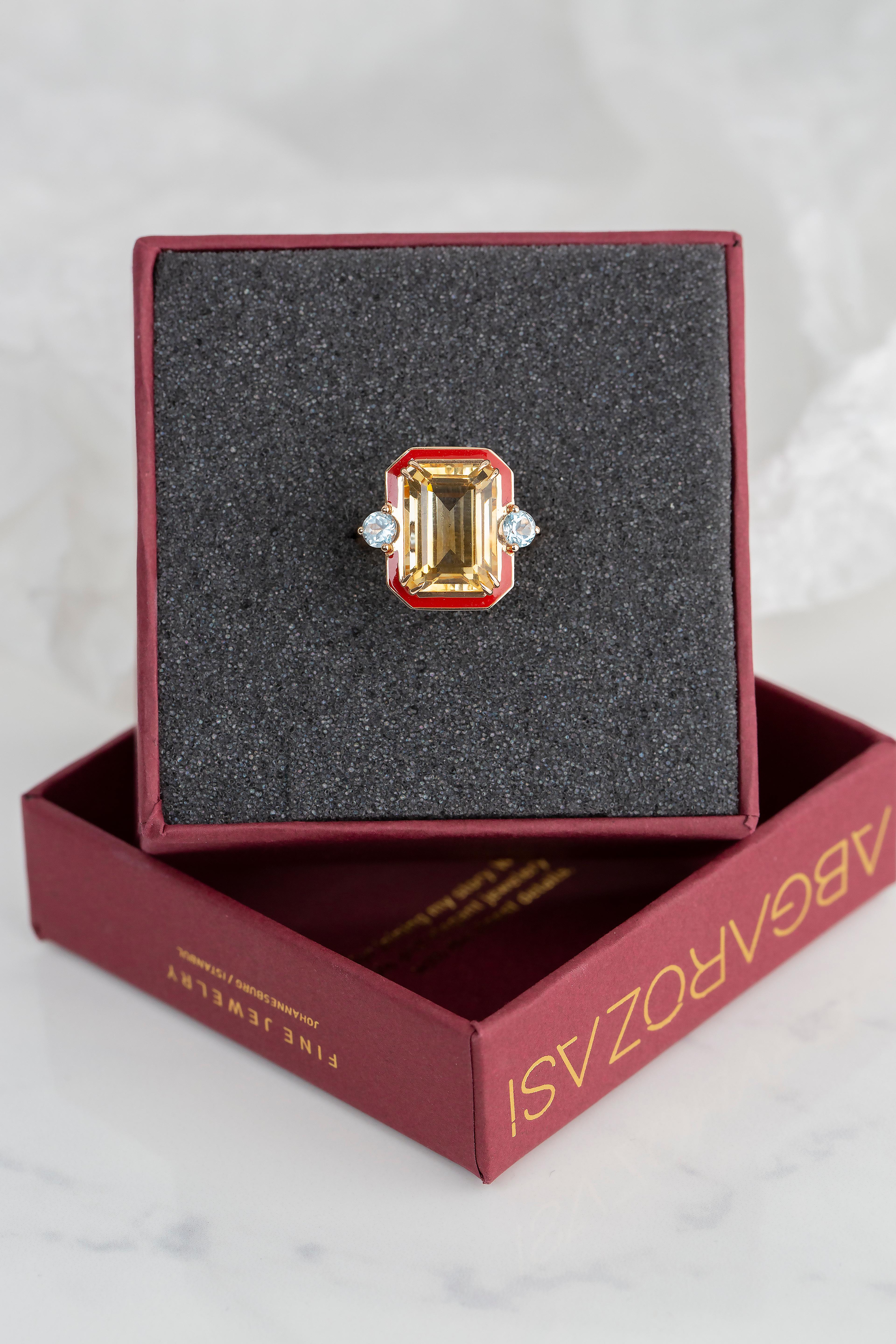 For Sale:  Art Deco Style 5.80 Ct Red Enameled Citrine and Sky Topaz 14K Gold Cocktail Ring 9