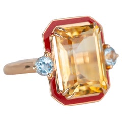 Vintage Art Deco Style 5.80 Ct Red Enameled Citrine and Sky Topaz 14K Gold Cocktail Ring
