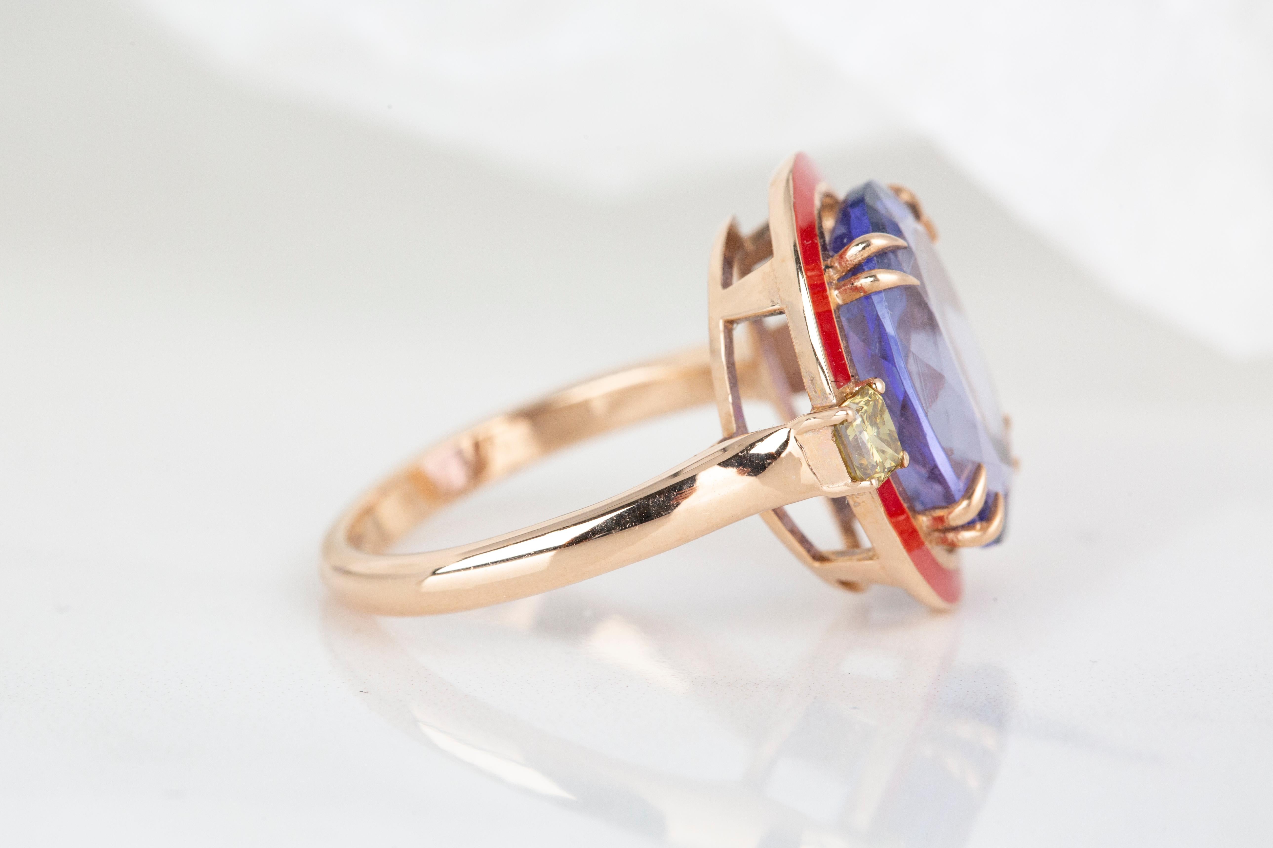 For Sale:  Art Deco Style 5.84 Ct Tanzanite And Yellow Diamond 14K Gold Cocktail Ring 7
