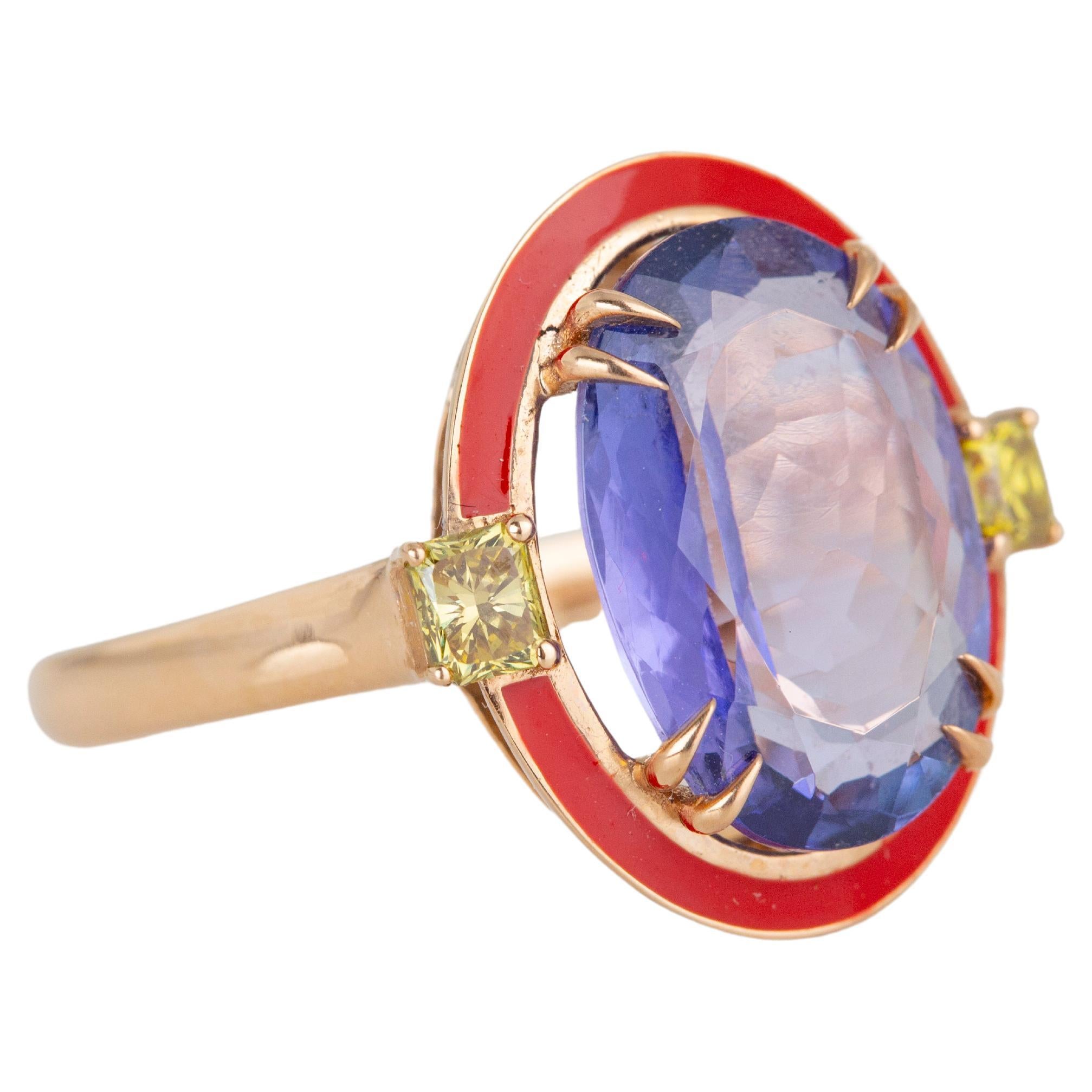 For Sale:  Art Deco Style 5.84 Ct Tanzanite And Yellow Diamond 14K Gold Cocktail Ring