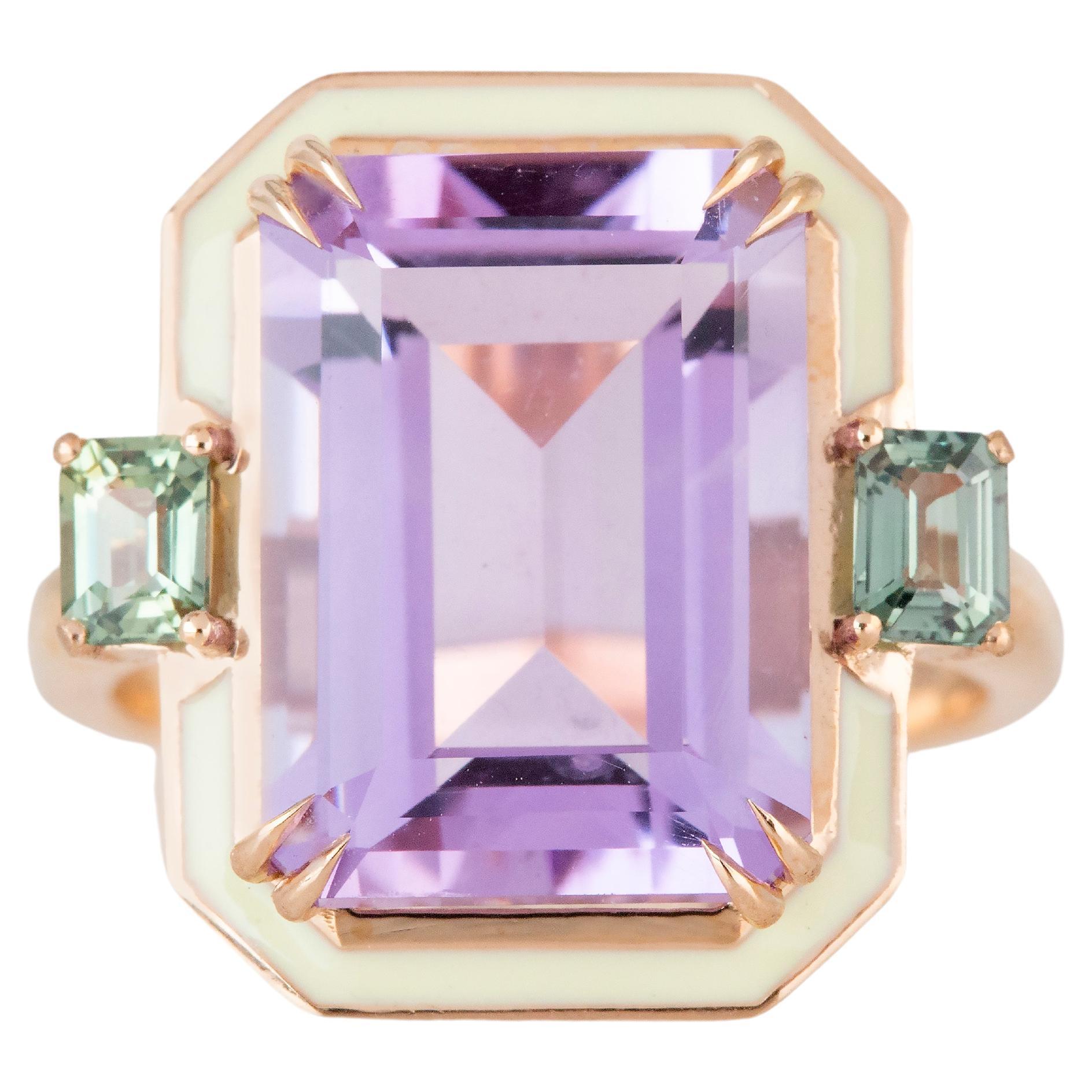 Style Art Déco 5.95 Ct. Bague cocktail en or 14K, améthyste et saphir