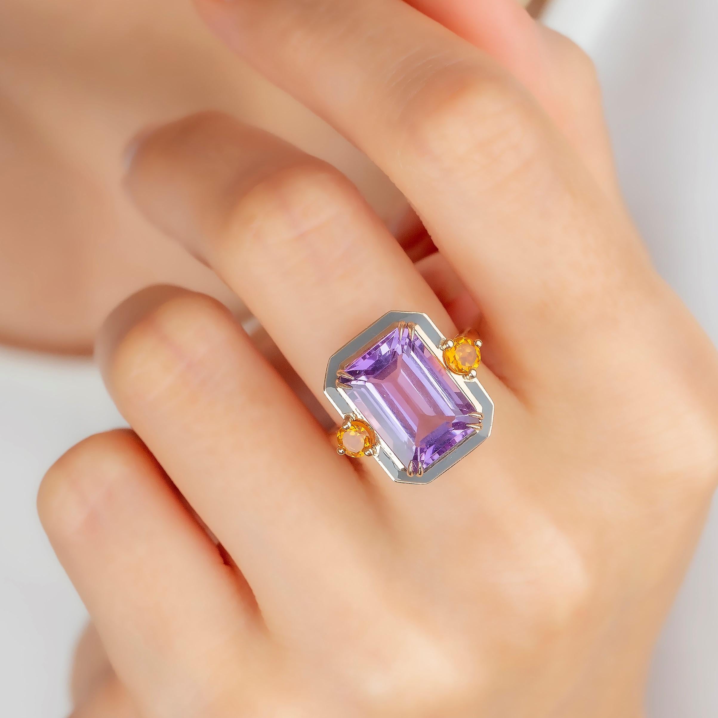 For Sale:  Art Deco Style Grey , Enameled Amethyst and Citrine 14K Gold Cocktail Ring 3