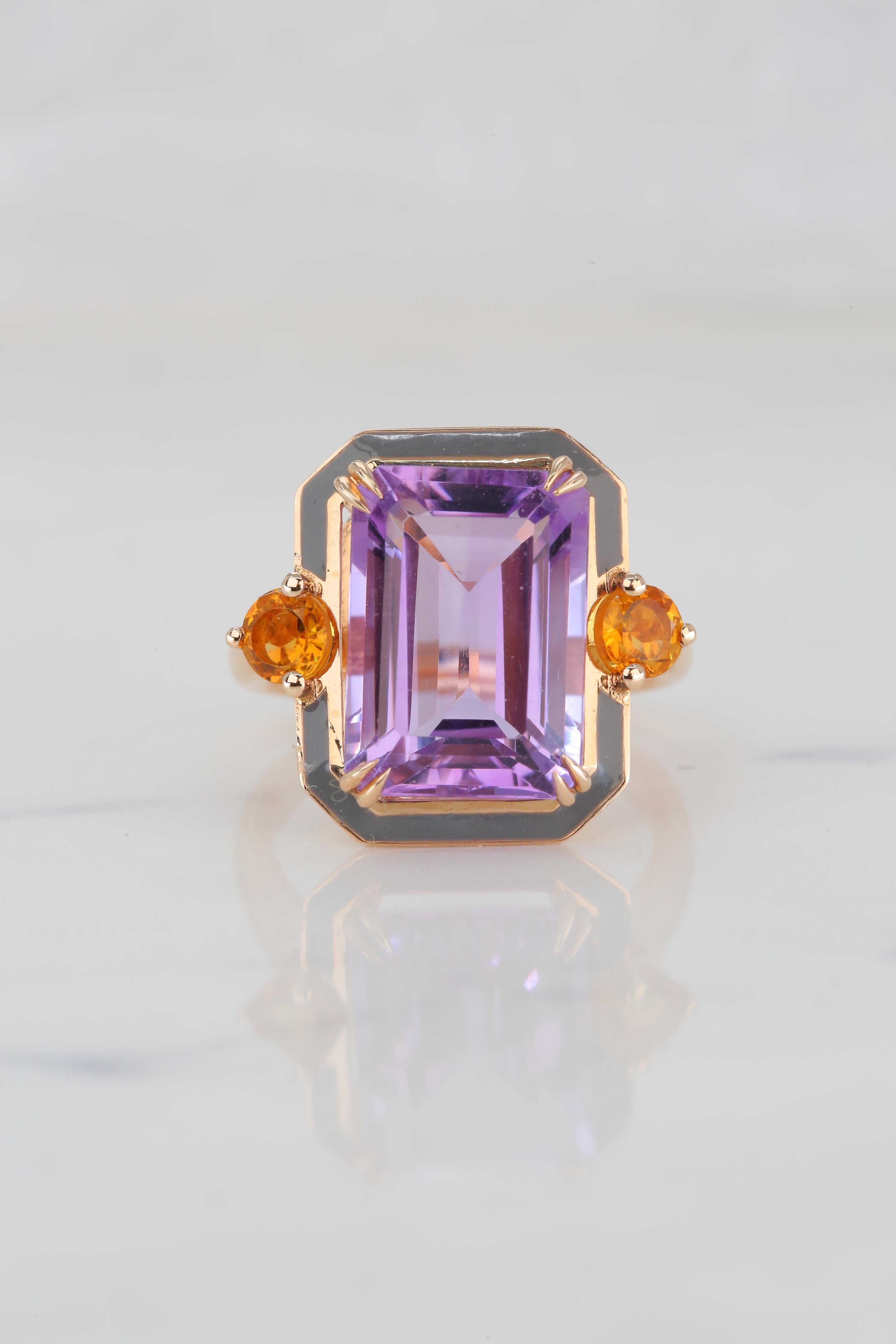 For Sale:  Art Deco Style Grey , Enameled Amethyst and Citrine 14K Gold Cocktail Ring 4