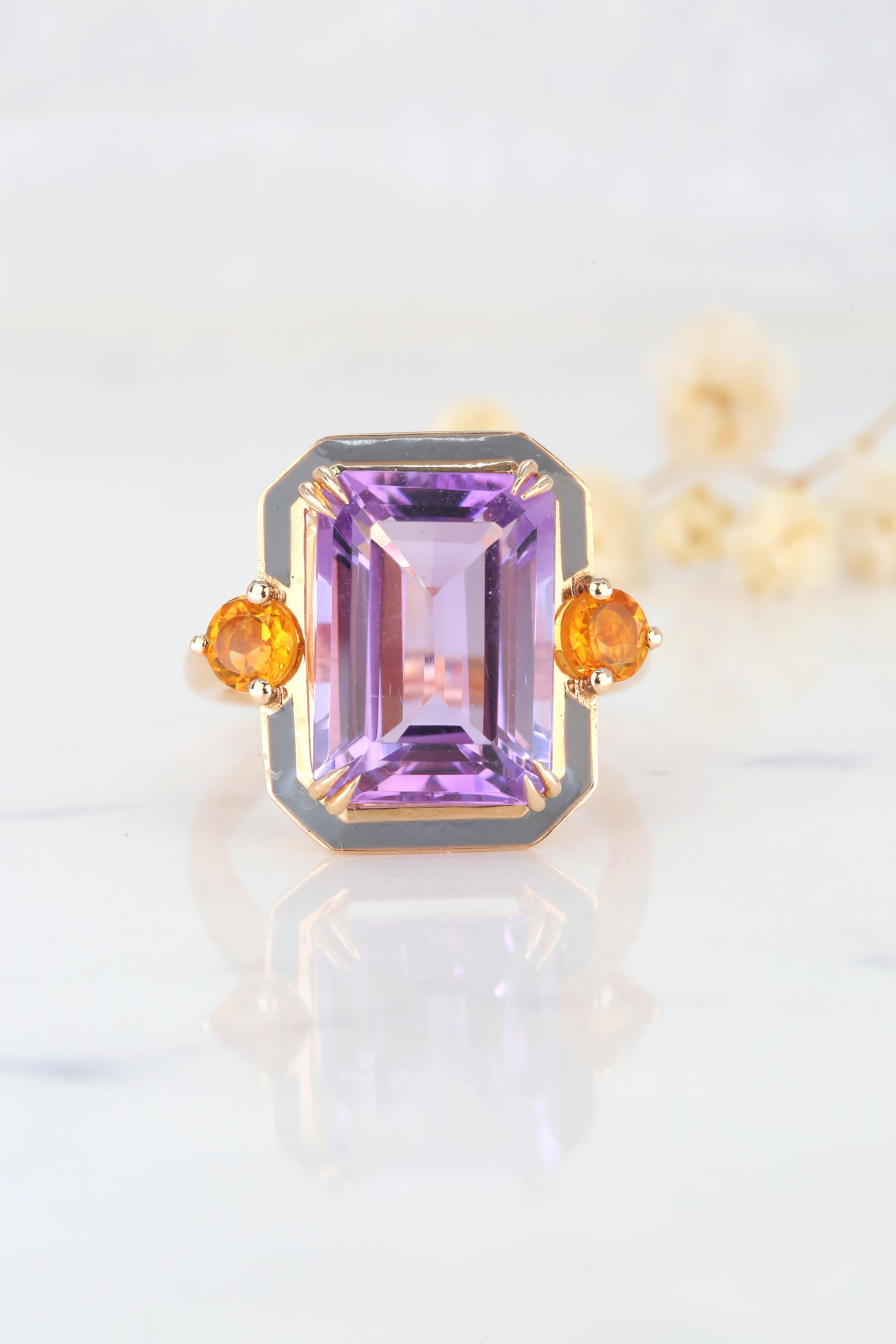 For Sale:  Art Deco Style Grey , Enameled Amethyst and Citrine 14K Gold Cocktail Ring 5