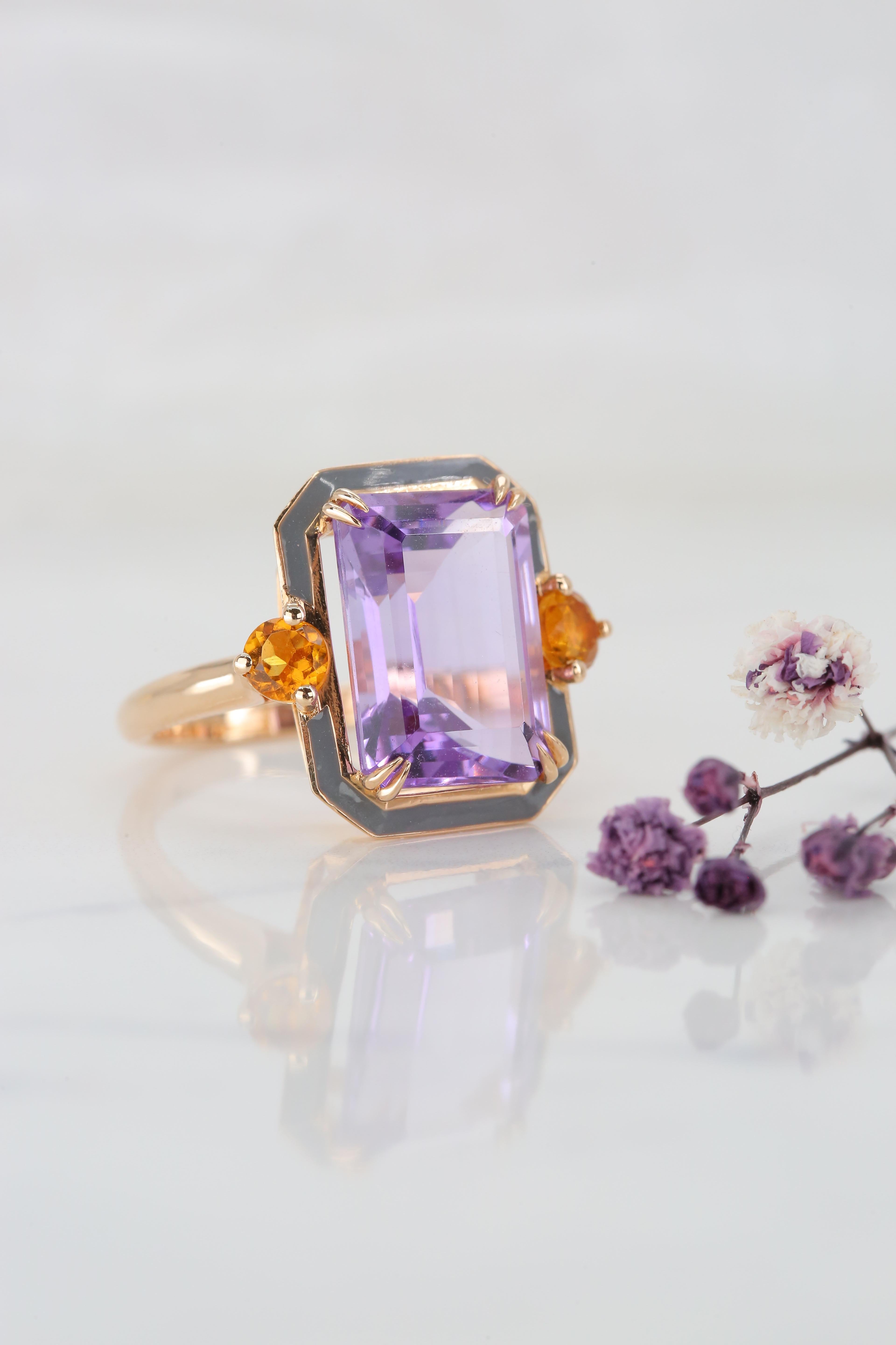 For Sale:  Art Deco Style Grey , Enameled Amethyst and Citrine 14K Gold Cocktail Ring 8