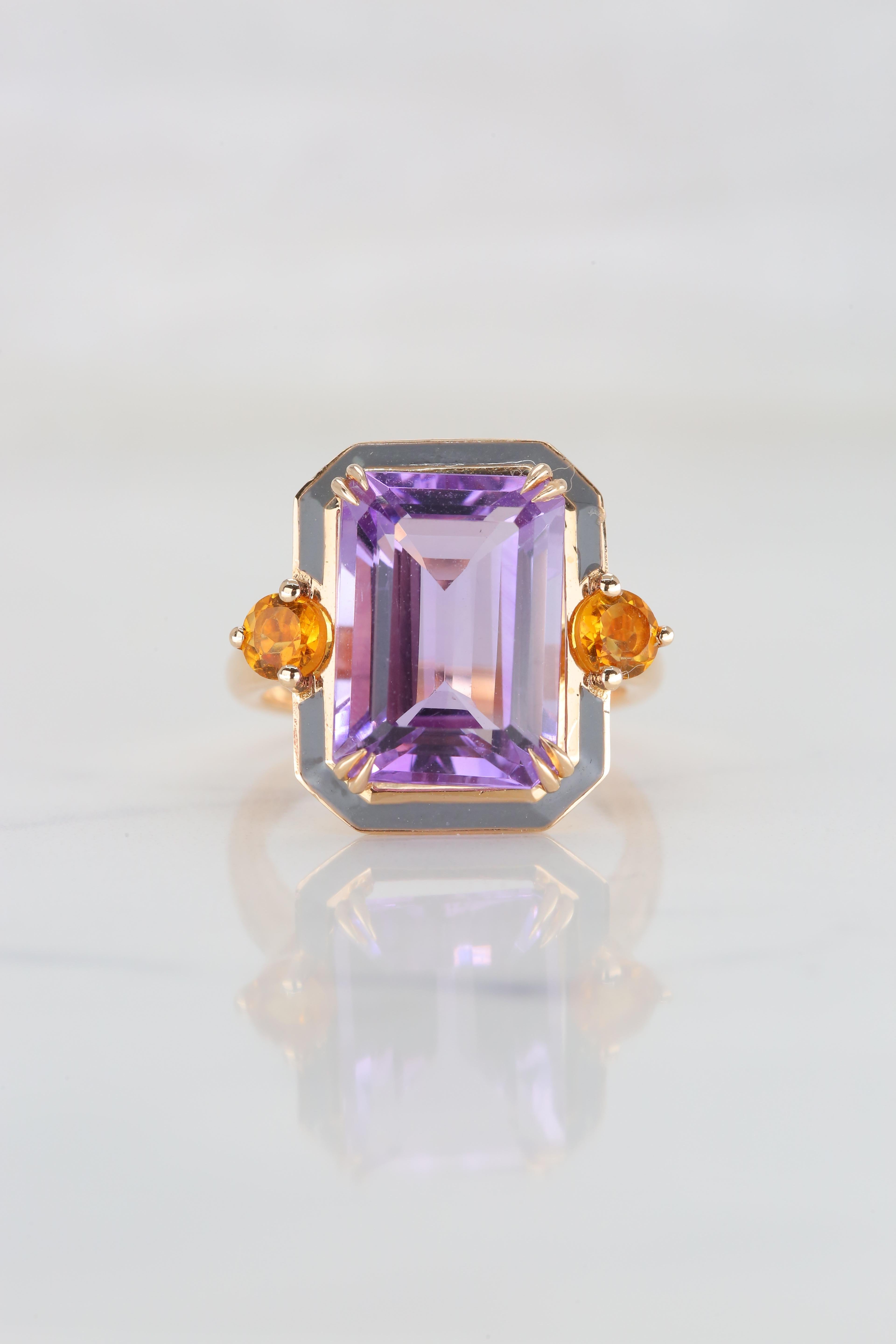 For Sale:  Art Deco Style Grey , Enameled Amethyst and Citrine 14K Gold Cocktail Ring 9